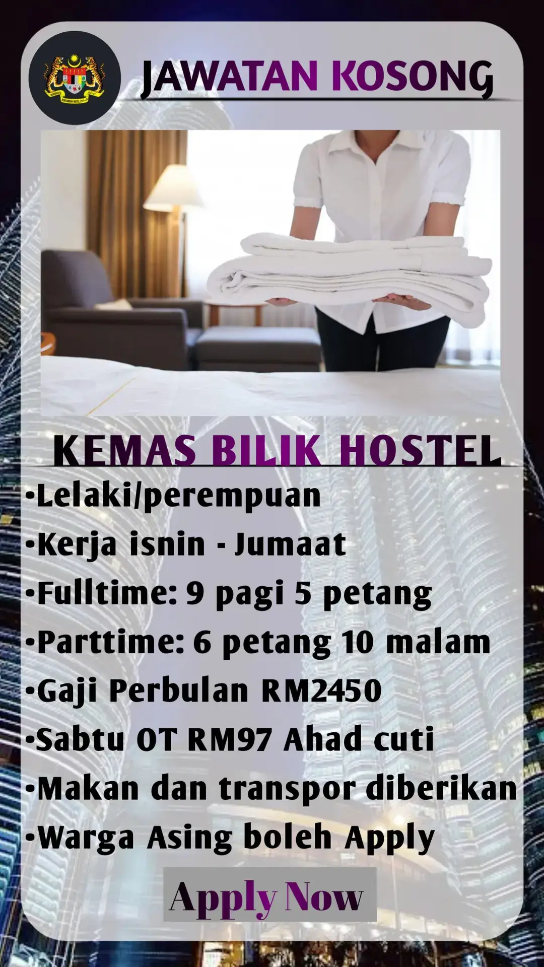 •Lelaki/perempuan •Kerja isnin - Jumaat •Fulltime: 9 pagi 5 petang •Parttime: 6 petang 10 malam •Gaji Perbulan RM2450 •Sabtu OT RM97 Ahad cuti •Makan dan transpor diberikan •Warga Asing boleh Apply Apply Now #jawatankosong #jawatankosongterkini #jawatankosong2025 #jawatankosongmalaysia 