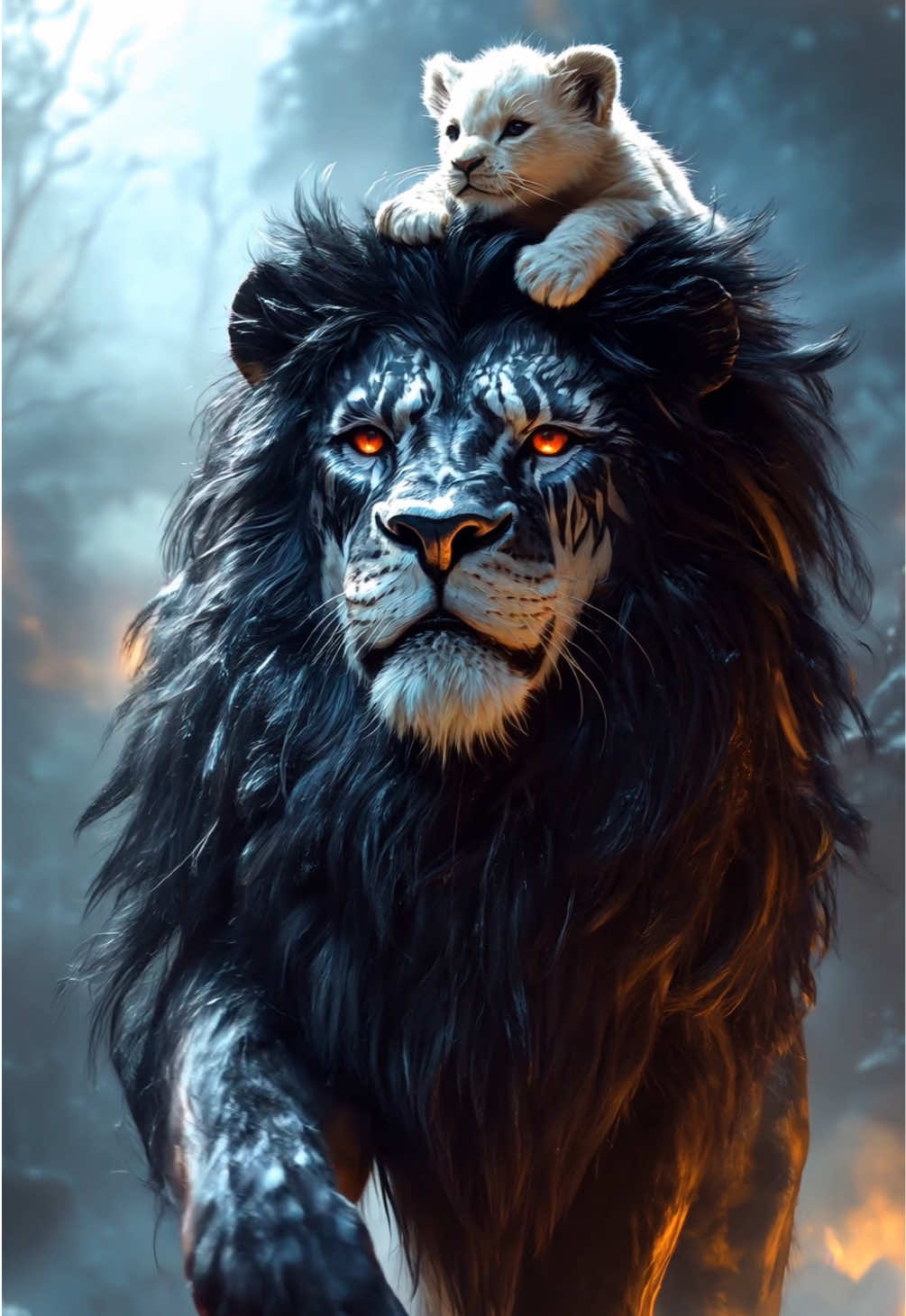 A massive black lion with an imposing presence strides confidently toward the viewer, its face adorned with bold white war paint in intricate, tribal-like patterns. The lion's piercing red eyes blaze with intensity, contrasting sharply with the deep black of its fur and the striking white markings. Perched atop the lion's head is a small white lion cub, its soft fur glowing against the dark mane, gazing curiously forward with innocent wonder. Each powerful step of the massive lion exudes dominance, with rippling muscles visible beneath its sleek coat. The background is a misty landscape, with swirling smoke and faint embers adding to the lion’s mythical and commanding aura. Rendered in a realistic, cinematic style. #aiart #aicontent #aigenerated #wallpaper #livewallpaper 