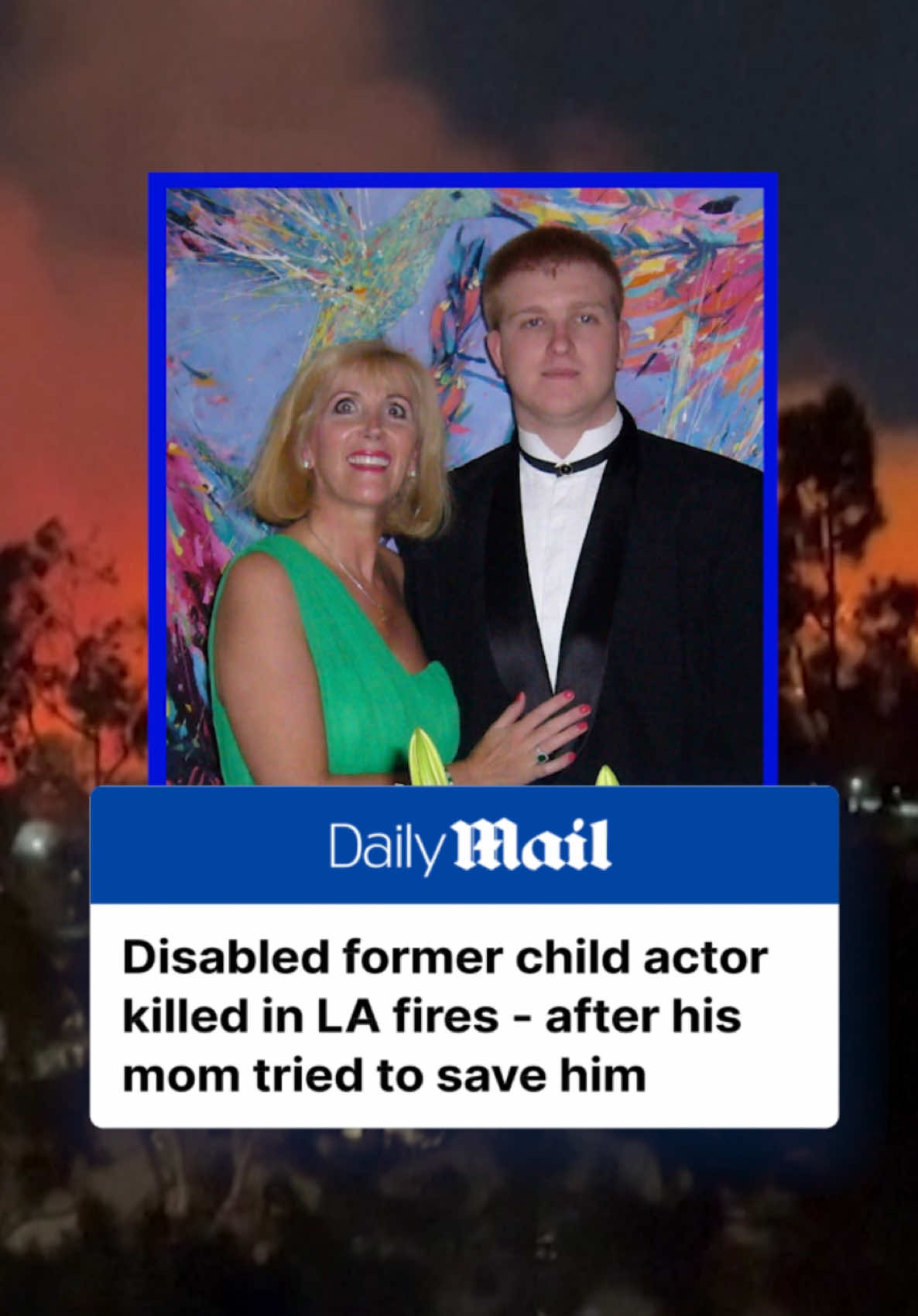 Disabled Australian man Rory Callum Sykes, 32, tragically died after his cottage was destroyed in the LA wildfires on Thursday. Born blind and with cerebral palsy, Sykes lived on his mother's Malibu estate. Despite her desperate attempts to extinguish the flames with a garden hose and calls for help, the fire spread uncontrollably. 'He said mum leave me, and no mum can leave their kid,' she told 10 News. 'And I've got a broken arm - I couldn't lift him, I couldn't move him.' Ms. Sykes drove 400 meters through thick smoke to reach a local fire station, but by the time help arrived, her son had perished. Mr. Sykes had appeared on Australian television as a child, sharing his story to inspire others, and worked as a motivational speaker thereafter. He is among 11 people confirmed dead in the ongoing LA wildfires, which are now in their fifth day. Read more at DailyMail.com. #losangeles #fires #california #news 