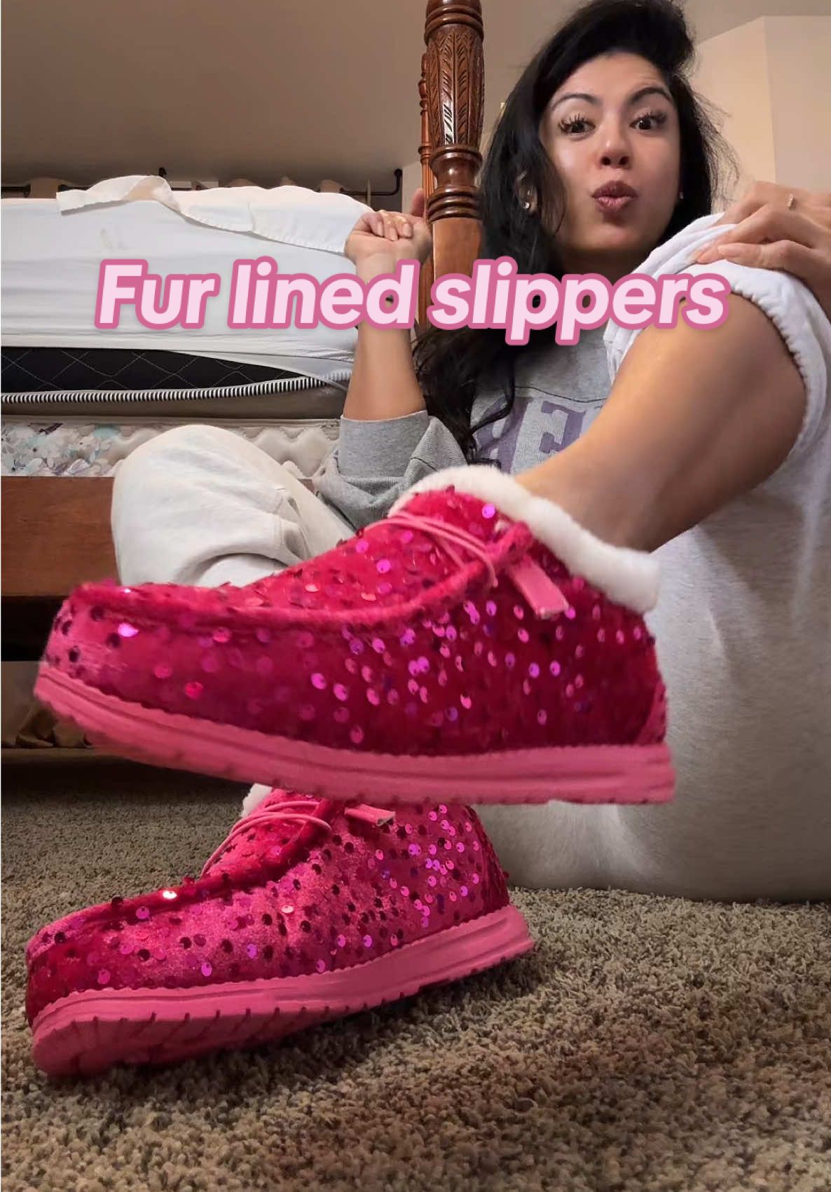 Fur lined slippers that sparkle ✨ in 2025 I don’t need a reason to wear sparkle or fur 😆 #furlinedslippers #slippers #cozyweather #sparkleslippers #wintershoes #athomeslippers #newyearnewaura #tiktokmademebuyit #fyp 