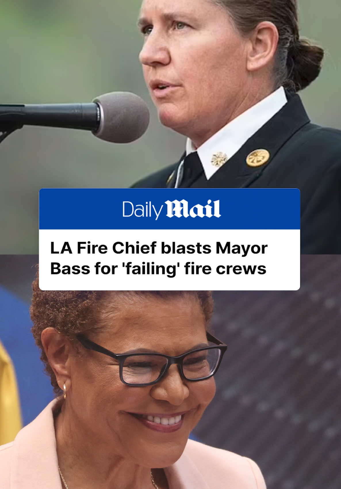 Los Angeles Fire Chief Kirsten Crowley criticized Mayor Karen Bass and the city's leadership during an interview with KTTV on Friday, claiming they had failed those affected by the fires and hindered the LA Fire Department's ability to effectively do its job. 'We are screaming to be properly funded to make sure that our firefighters can do their jobs so that we can serve the community,' Crowley said, adding that there were 'huge gaps' in firefighters' ability to tackle the blazes on the ground. Crowley also noted that the mayor's budget cuts for the LAFD had affected the firefight throughout Southern California, stating that the department was ‘not properly funded.’ She joins a growing chorus of high-profile figures who have criticized the city's handling of the ongoing wildfires, which have so far claimed 11 lives, ravaged communities, and sent thousands fleeing their properties. This is a developing story. Read more at DailyMail.com. #losangeles #fires #news #california #karenbass #fires 