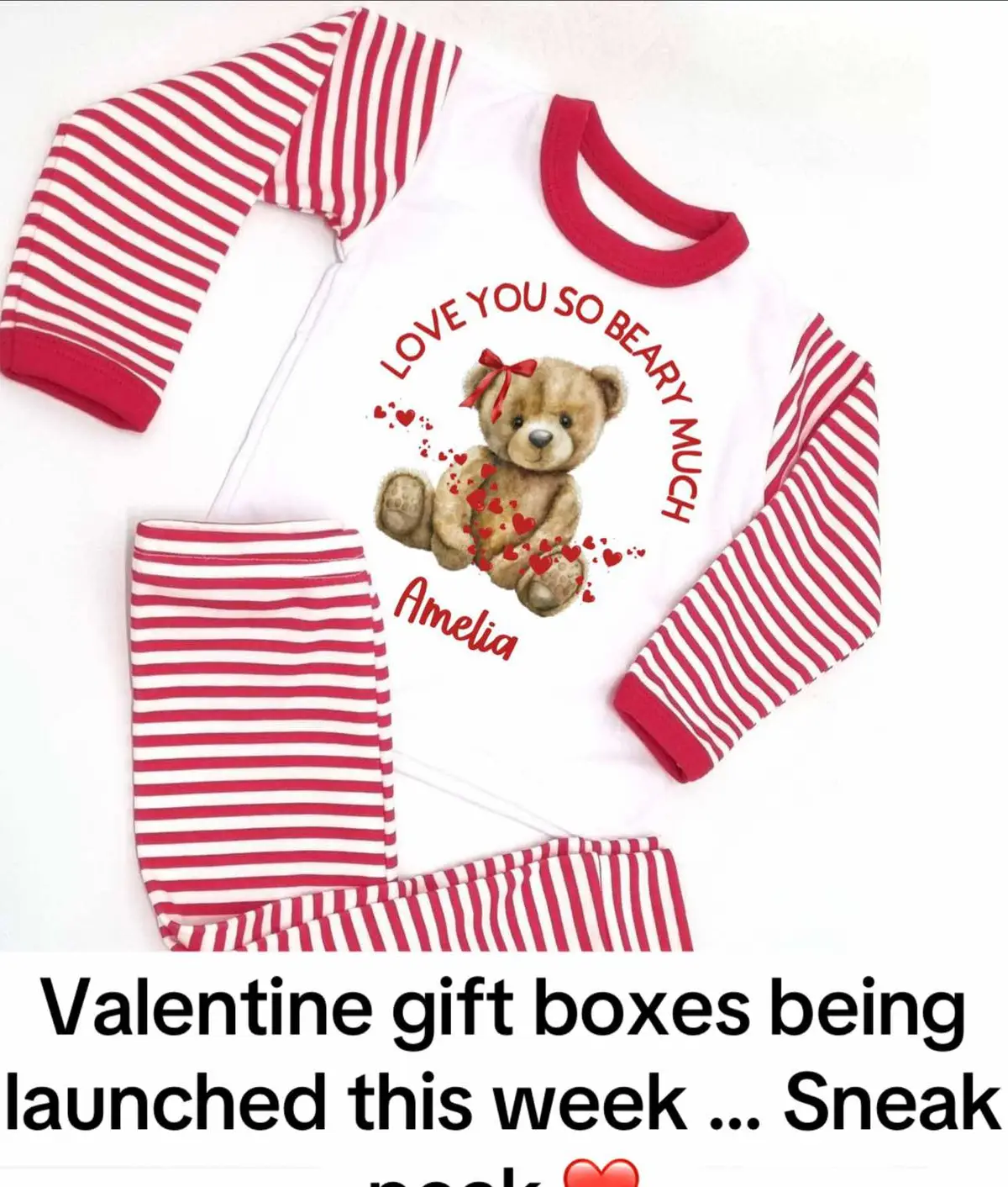 I can’t wait to launch these…. There will be a sign up list for the gift boxes ❤️ Valentine gift boxes and personalised gifts being launched this week … Sneak peak ❤️ be ready to sign up to get your gift box in time for Valentine’s Day #fyp #ValentinesDay #valentinesgift #valentinepjs 