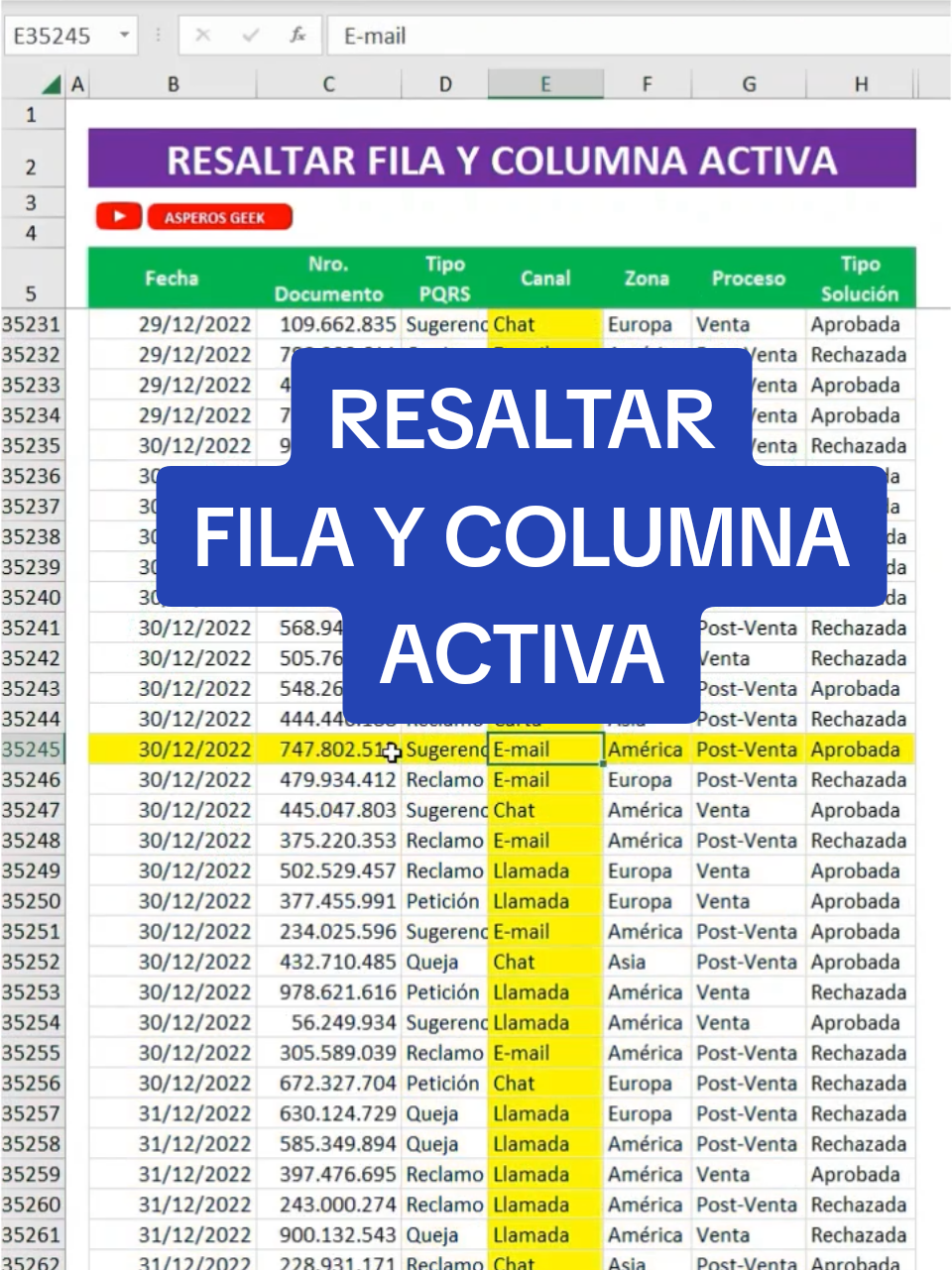 Día 11 de 365 aprendiendo excel. Hoy vemos como resaltar la fila y la columna activa con formato condicional y una pequeña macro. #formatocondicional #TrucosEnExcel #resaltar 