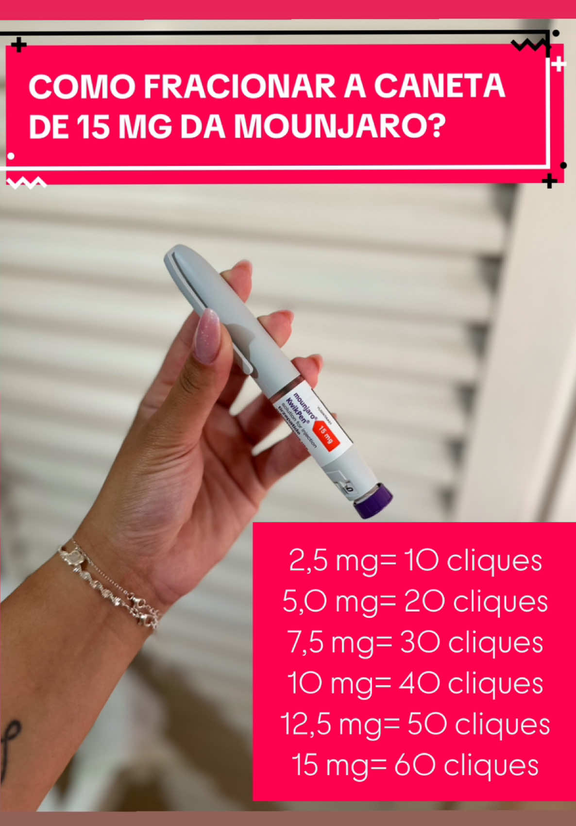 Fracionando a caneta da Mounjaro de 15 mg (caneta européia 4 doses de 15mg= 60 mg no total)  2,5 mg= 10 cliques 5,0 mg= 20 cliques 7,5 mg= 30 cliques 10 mg= 40 cliques 12,5 mg= 50 cliques 15 mg= 60 cliques #mounjaro #tizerpatida #tizerpatide #Mounjaro #emagrecimento #mounjarojourney 