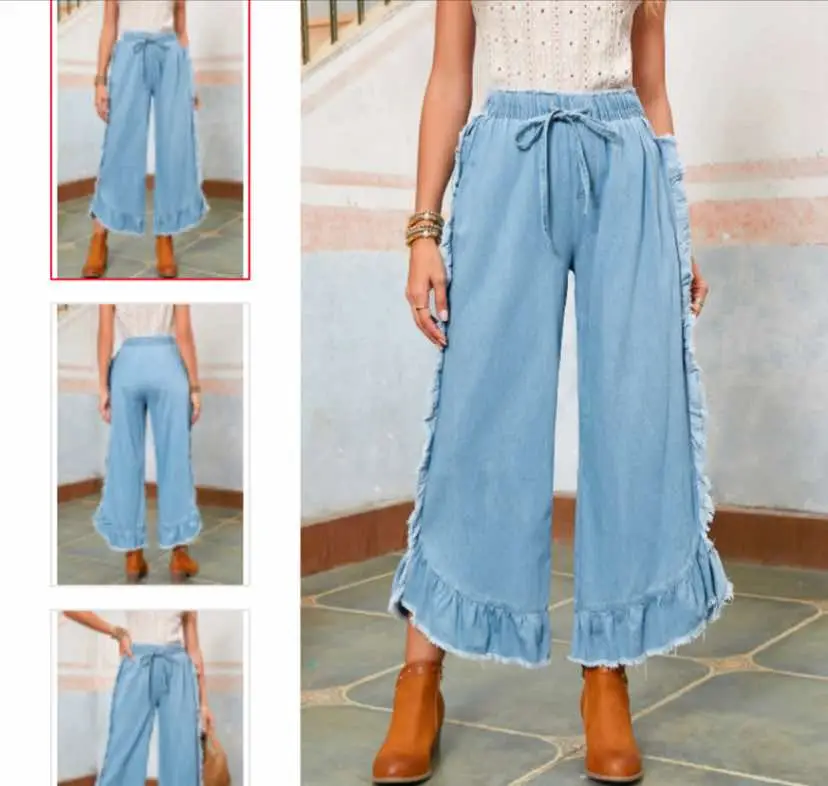 Myosotis Light Wash Raw Hem Ruffle Wide Leg Jeans