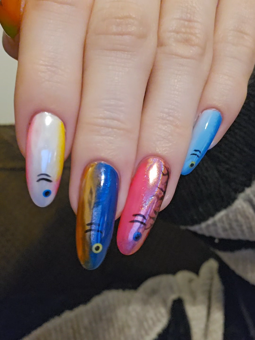 fishing lure inspired nails!! i liked this reveal trend so i wanted to try it but ill prob take a natural light video soon #nails #fishinglure #nailinspo #fyp #naturalnails #structuredmanicure  is there a point to try to post anymore with the possible ban? lol