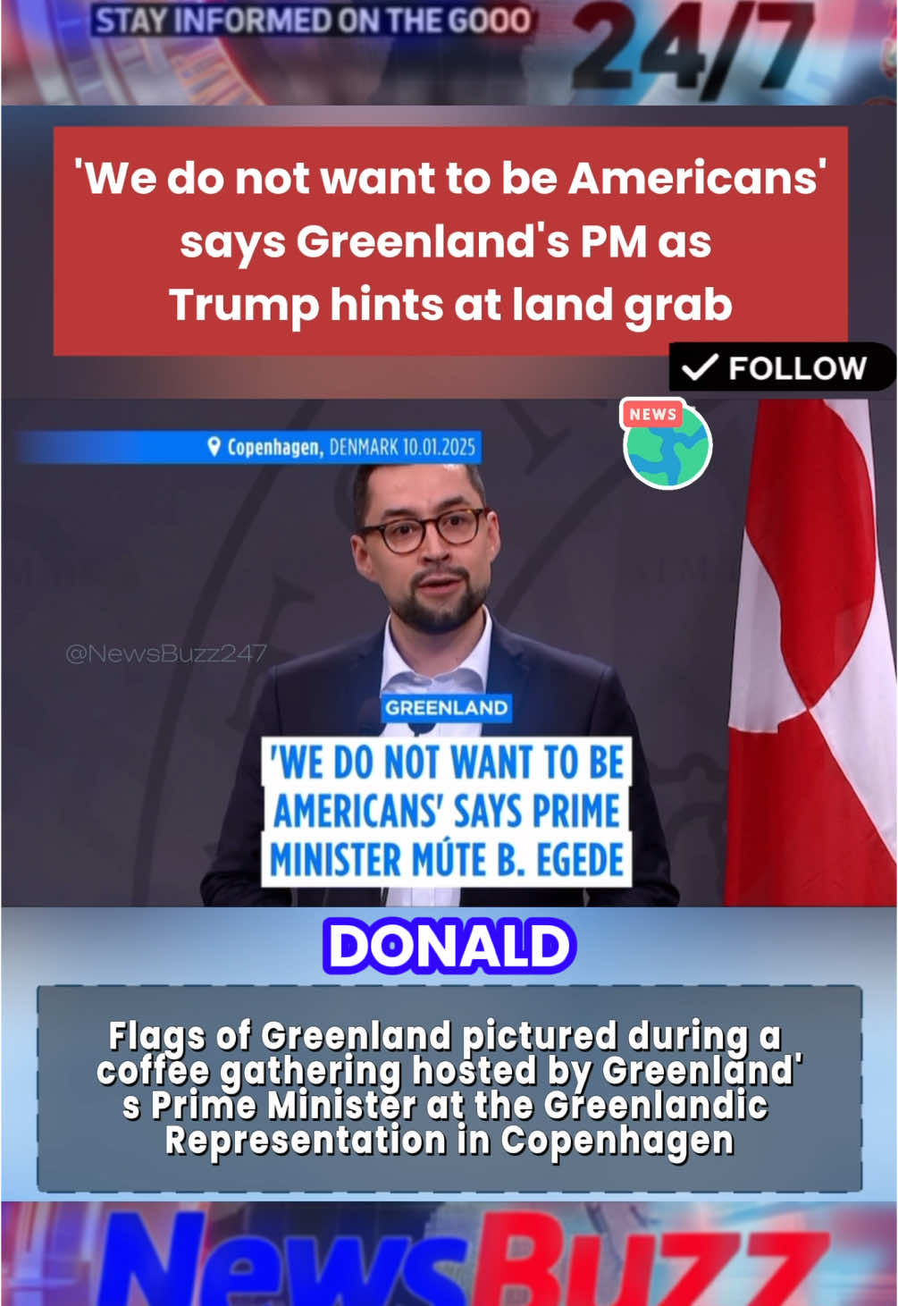 Flags of Greenland pictured during a coffee gathering hosted by Greenland's Prime Minister at the Greenlandic Representation in Copenhagen. #tiktokpoll #greenland #america #eaglenose #usa #saynotowar #ownbusiness #fy #fyp #netharland #denmark 