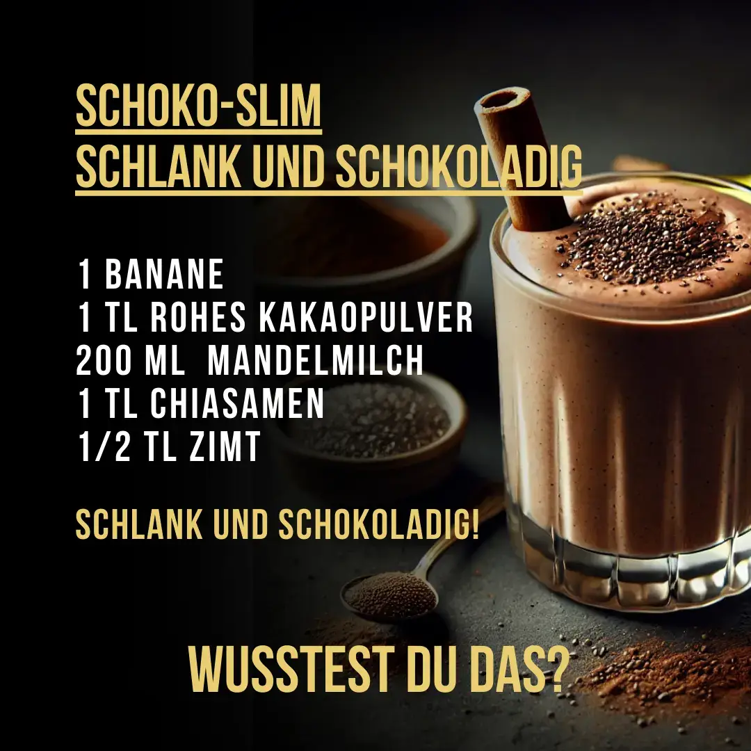 Rezept: 1 Banane 1 TL rohes Kakaopulver 200 ml ungesüßte
Mandelmilch 1 TL Chiasamen 1/2 TL Zimt Für alle Schoko-Fans: Teile diesen Smoothie und gönn dir Genuss ohne
 Reue! Ein cremiger Schoko-Bananen-Smoothie, der Abnehmen leicht
macht. Noch mehr
Genuss-Rezepte für deine Fitness? Jetzt folgen! Gesundheitliche Aspekte: Sättigend und
kalorienarm, Fördert die Fettverbrennung, Liefert Antioxidantien 
 #ChocolateLovers #HealthyChocolate #SlimSmoothie #VeganEats #WeightLossJourney