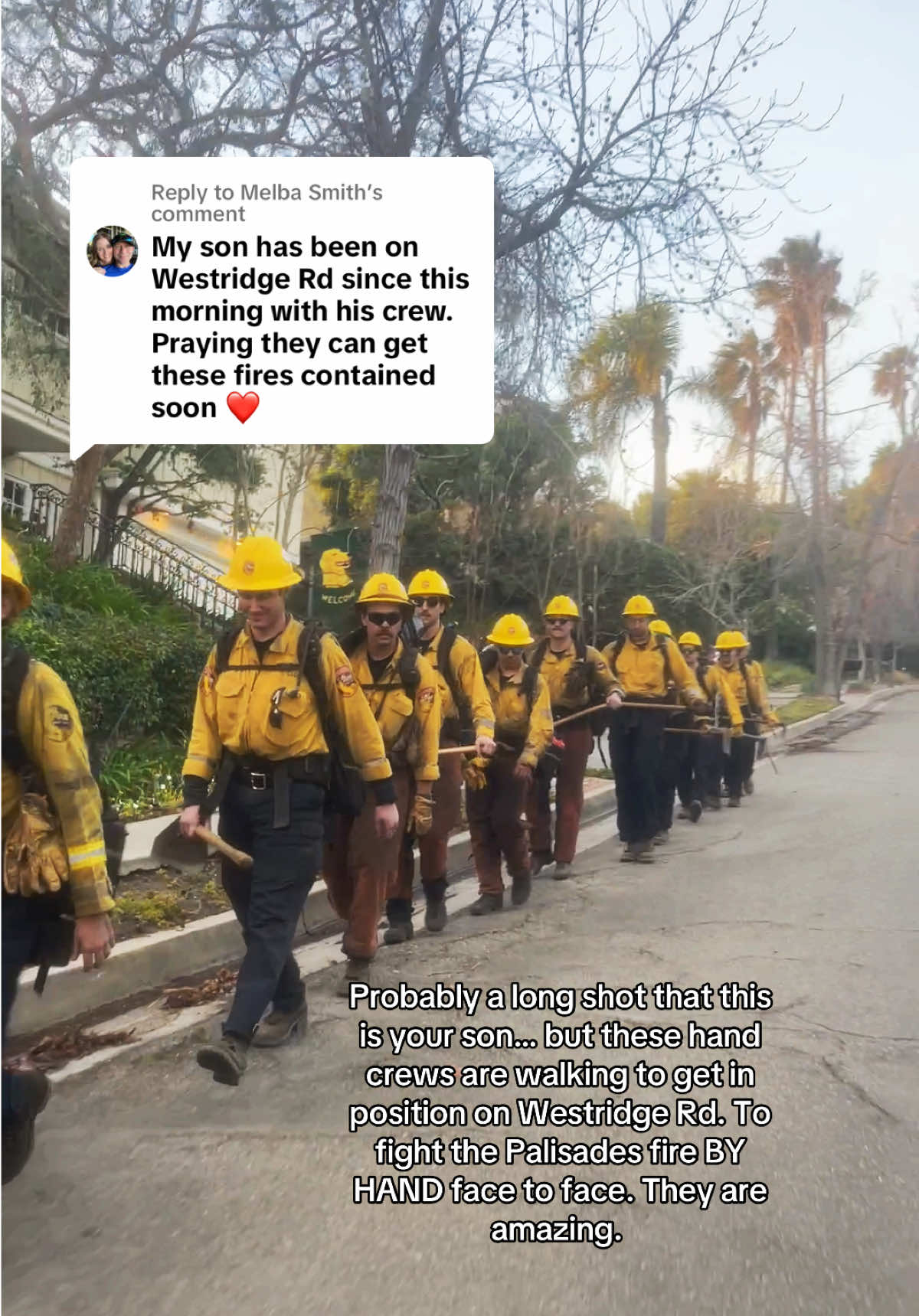 Replying to @Melba Smith Any chance your son is with this crew? They deserve the recognition regardless! I took this video along Westridge Rd in Brentwood 4:30pm 1/11/25 #palisades #palisadesfire #pacificpalisades #brentwood 