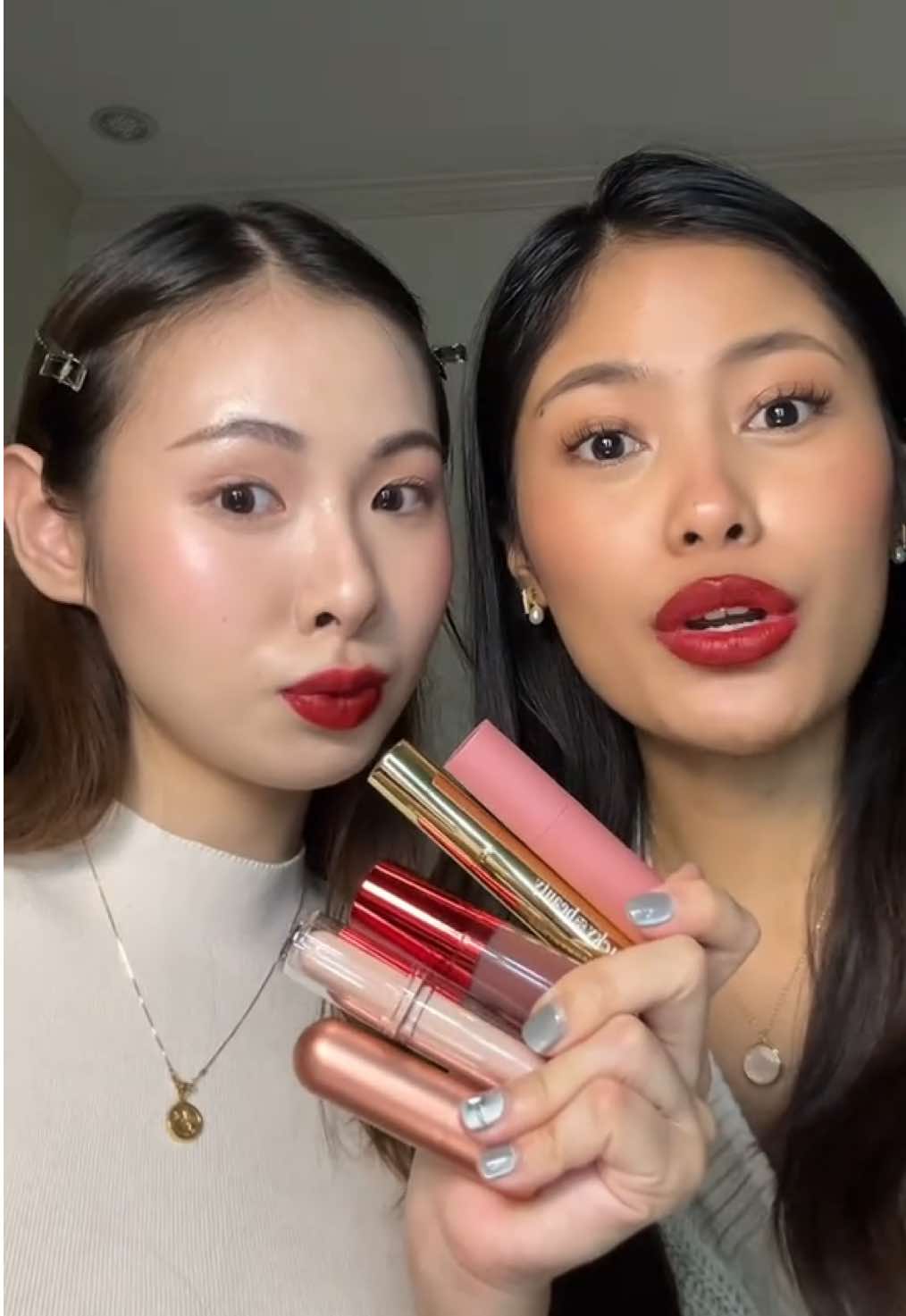 swatching popular lip products on our lips 👄 products used: @Clinique black honey lipstick @rom&nd global juicy lasting tint in bare grape @Dasique Global juicy dewy lip tint in 09 @KIKO Milano unlimited double touch in 102 @Kaleidos Makeup lip mud in DE08 @Joize #makeup  ib: @Monica Ravichandran ✨ @jazzi manalo 💄 