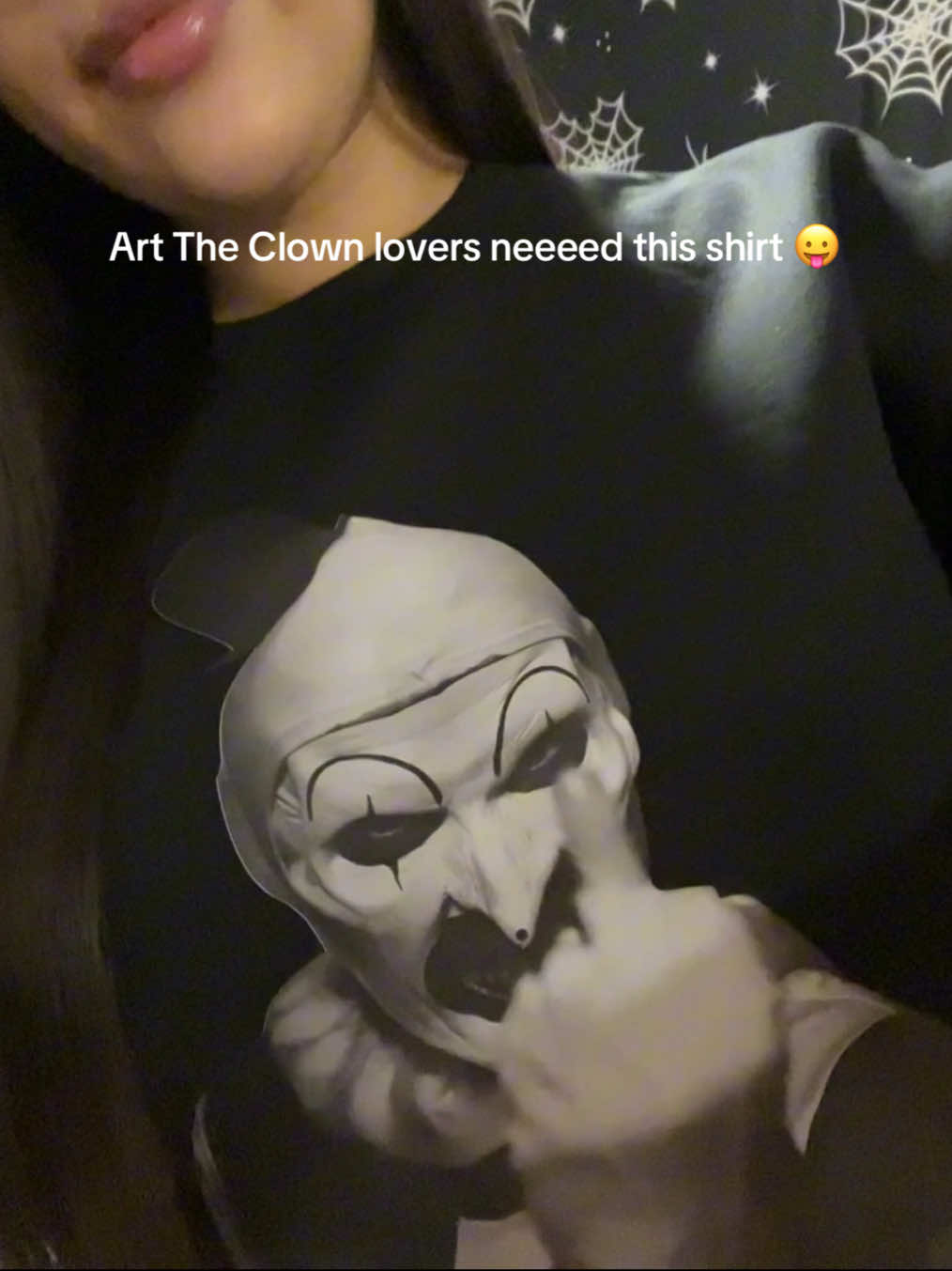 New fav crewneck 😭😭🖤  #fyp #fyp #horror #horrortiktok #terrifierclown #arttheclownterrifier #clown #horrorlover #spooky 