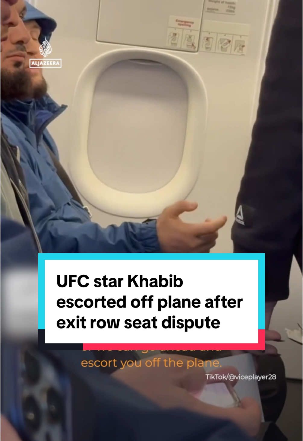 A video of UFC champion #Khabib Nurmagomedov being escorted off an American airline has gone viral. It appears air stewards reported feeling 'uncomfortable' with his apparent grasp of English as he sat in an exit row seat where he would need to assist in case of an emergency.  #news 