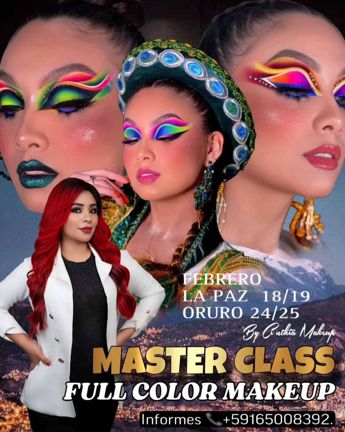 Arrancamos nuestra Masterclass en La Paz y Oruro! 🌟 Este curso exclusivo está diseñado para bailarinas que desean aprender técnicas de maquillaje Full Color de alto impacto, perfectas para el mundo folclórico. Te enseñaremos cómo lograr la saturación perfecta de neones y a aplicar colores vibrantes con precisión. Además, conocerás las técnicas para trabajar con dos tipos de piel: piel resistencia y piel blindada. ¡No dejes pasar la oportunidad de mejorar tus habilidades y destacar con un maquillaje increíble! Inscríbete ahora y asegura tu lugar en esta experiencia única. 💥 auspicio @Colorina Professional🇧🇴  Y lo mejor de todo: ¡Recibirás regalos exclusivos de Colorina Profesional y Cinthia Makeup! 🎁 #colorina #lapaz_bolivia🇧🇴 #fullcolor #maqui 