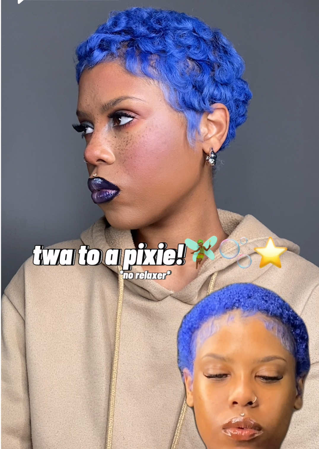 Replying to @Cali 🌻🫧 you know I got you!!🤭 let’s get into how I went from my twa to a pixie!🧚🏾💙 I’m really just having fun with my big chop journey, any other time I’ve done it I always wore my hair curly until it was at least bob length, I couldn’t miss out on the pixie this time!🙂‍↔️🙂‍↔️🙂‍↔️  It’s lowkey giving Joy from inside out lmaooo maybe run it back in a month or so once we get a couple more inches, what do yall think?💙🫧✨ All necessities for this hairstyle 🔗 in bio!  . #twastyles #pixiecut #pixiecutblackwomen #bigchopjourney #bigchophaircut #bluehairblackgirl #bluehair #shorthairstyles #shorthairstylesforblackwomen 