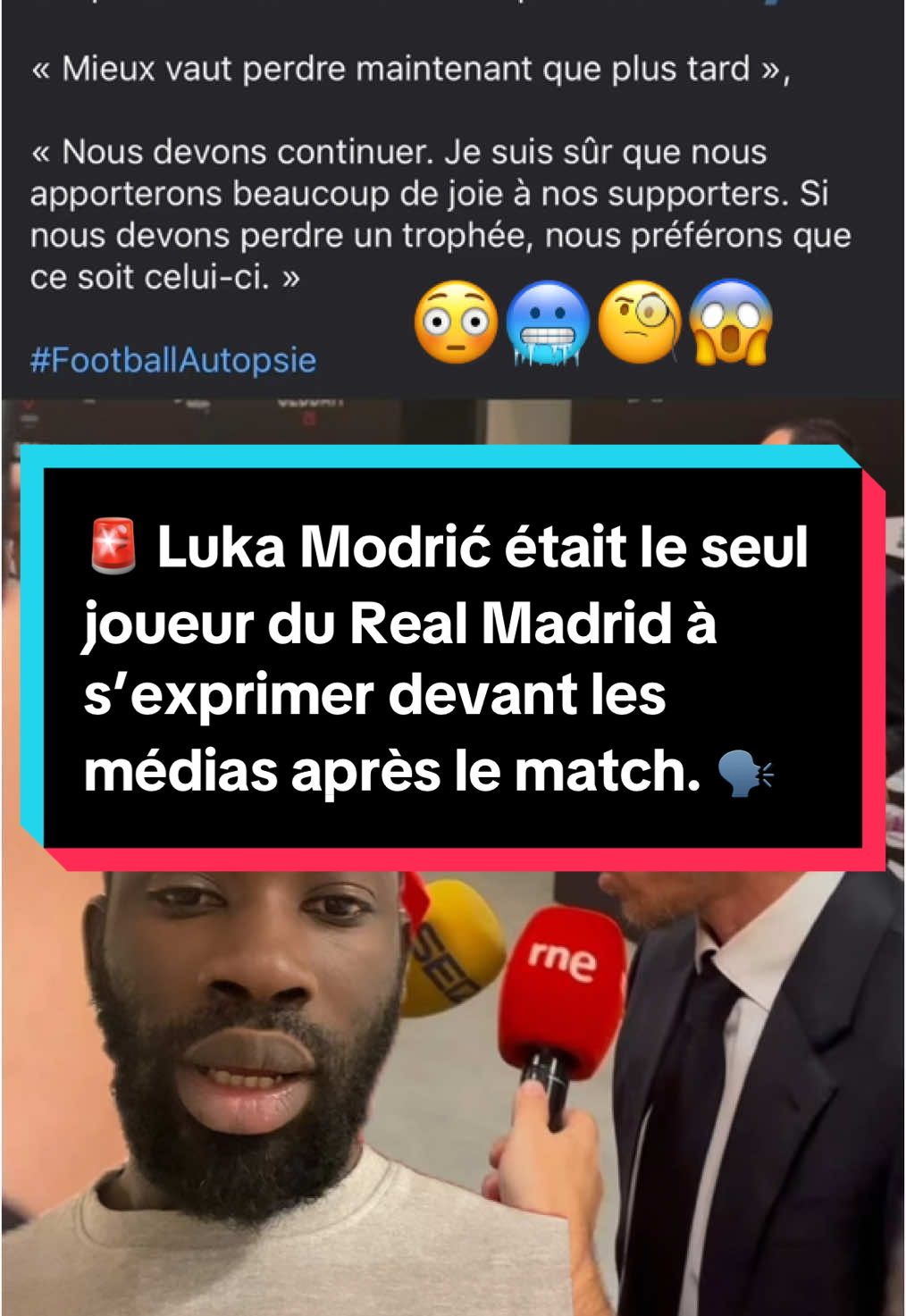 🚨 Luka Modrić était le seul joueur du Real Madrid à s’exprimer devant les médias après le match. 🗣️ « Mieux vaut perdre maintenant que plus tard »,  « Nous devons continuer. Je suis sûr que nous apporterons beaucoup de joie à nos supporters. Si nous devons perdre un trophée, nous préférons que ce soit celui-ci. » #FootballAutopsie