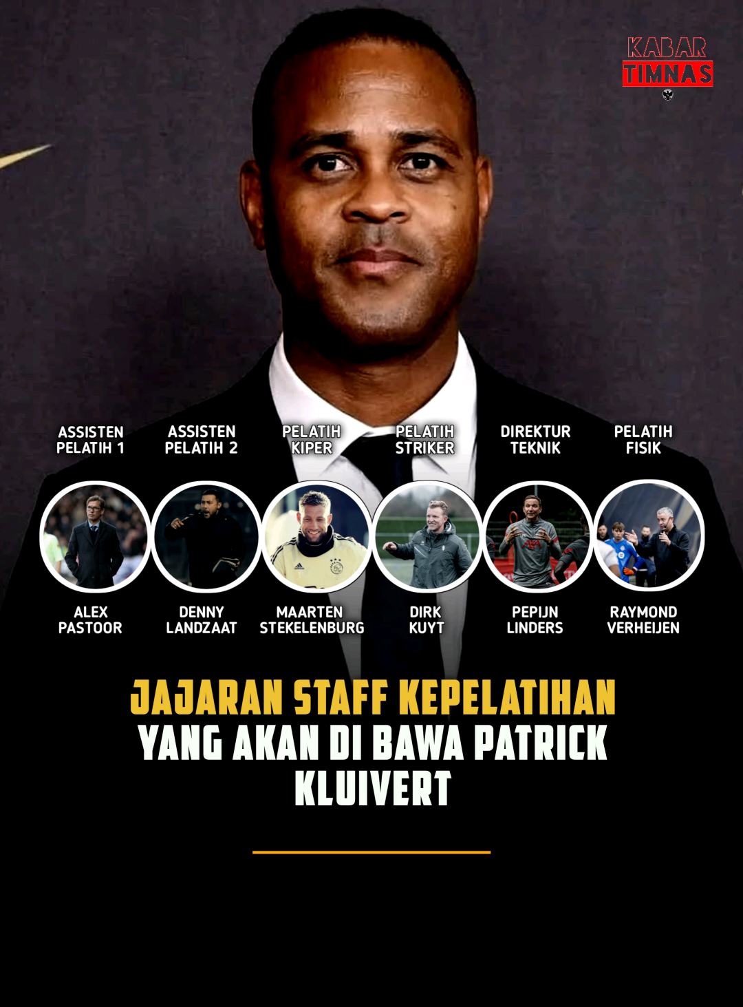 PELATIH BARU TIMNAS INDONESIA Pelatih Kepala:Patrick Kluivert (BELANDA) Assiten 1:Alex Pastoor (BELANDA) Assiten 2:Danny Landzaat (BELANDA) Pelatih Fisik:Raymond Verheijen (BELANDA) Pelatih Kiper:Maarten Stekelenburg (BELANDA) Pelatih Striker: Dirk Kuyt (BELANDA) Manager:Sumardji (INDONESIA) #kabartimnas #timnas #indonesia #patrickkluivert #alexpastoor #dennylandzaat #dirkkuyt #coach 