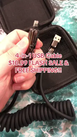 4-in-1 fast charging cable! Has everything you need with a coil cord so no tangles! On sale and free shipping!  #4in1charger #4in1 #fastcharger #usb #usbcable #fastcharge #organizationhacks #organizational #coilcable #usbc #freeshipping 