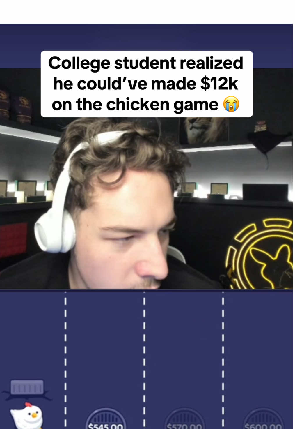 College student realized he could’ve made $12k on the chicken game 😭 #kickstreaming #crossyroad #fyp #viral 