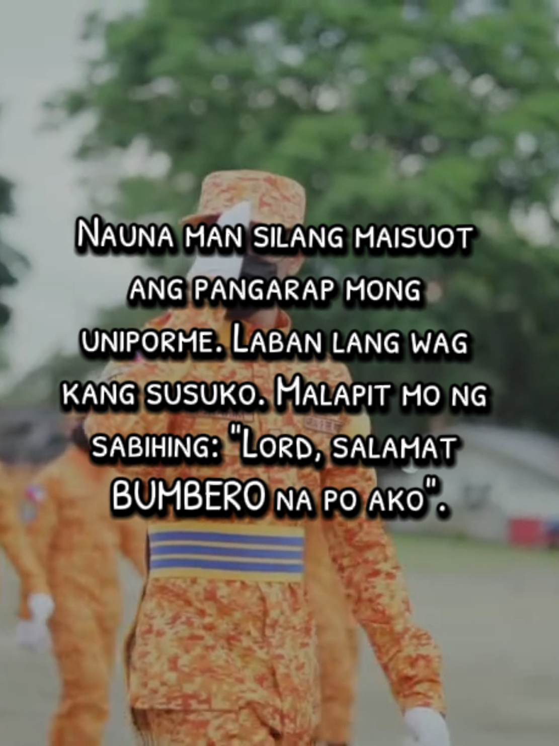 Bawal sumuko. Laban lang. Tandaan mong malapit mo ng maabot ang iyong mga Pangarap 😇👨‍🚒 #uniformedpersonnel #recruitment #tribureau👮👮‍♂️👨‍🚒 #bfp #firefighter #fireman #story #fire #pangarap #goals #bumbero #bumberoknows #foryou #fypシ #fyp 