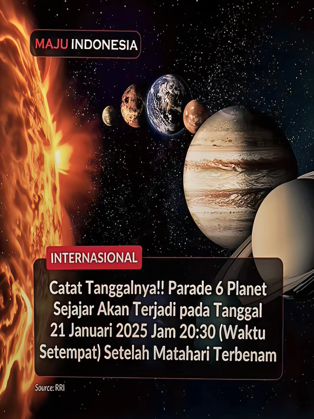 Planet sejajar merupakan salah satu fenomena langit yang langka terjadi ketika beberapa planet berada pada satu garis sejajar di orbitnya masing-masing. Planet-planet terdekat dari bumi, yakni Venus, Mars, Jupiter, Saturnus, Uranus, dan Neptunus, dapat diamati secara bersamaan dalam satu malam. Secara umum, fenomena planet sejajar ini tidak berbahaya hanya saja tarikan gravitasi dari semua planet di satu sisi bisa berdampak pada pasang surut di bumi. Dimana, jarak planet Venus dari planet bumi akan berpengaruh terhadap gaya pasang surut terbesar. Sumber: RRI ID #fenomenaalam #parade #planetsejajar #21januari2025 #factsddragon #viral #fyp