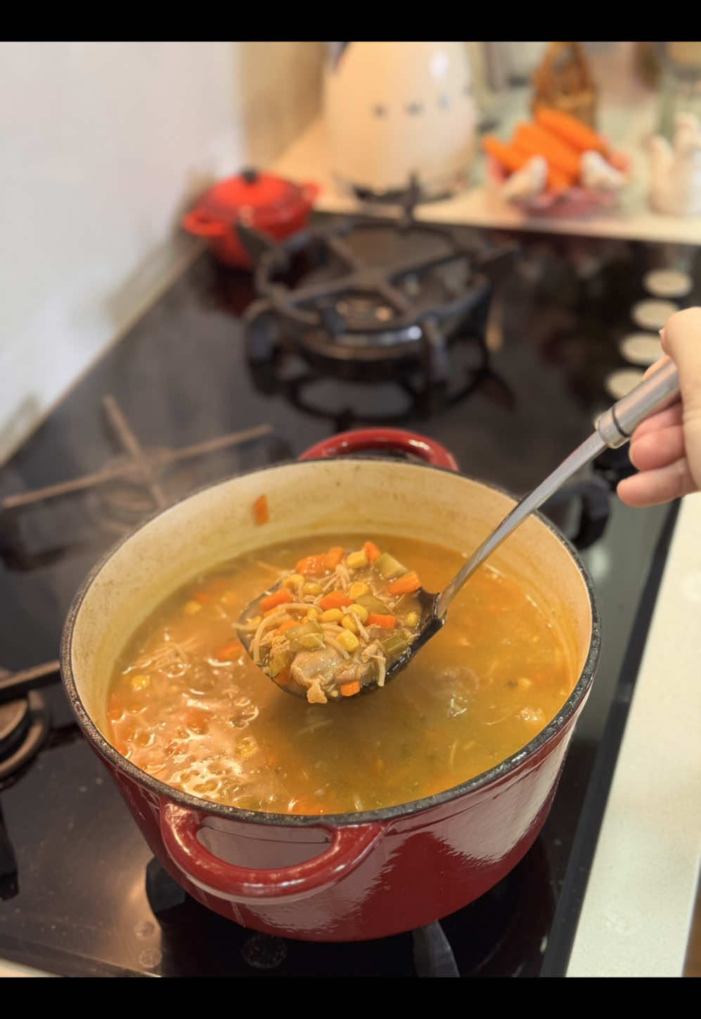 Chicken Soup My Way 🍲 شوربة دجاج على طريقتي  Ingredients: For the chicken stock :  Ghee  550g chicken breasts  12 cardamom pods  2 cinnamon sticks 5 bay leaves (fresh or dried)  1 onion  1 tsp black  peppercorns  1 onion,halved  14 cups hot water (add more if needed) Soup :  Butter  1 onion  420 g carrots ,finely diced  200g celery ,finely diced  2 tsp curry  1 tsp black pepper  1 tsp paprika  30 g flour  9 cups chicken stock  Shredded chicken (from homemade chicken stock )  1 can corn 🌽  Salt to taste  2-3 Thyme sprigs  1 cup vermicelli.  المكونات: مرقة الدجاج : 🐓  سمنة  ٥٥٠ غرام صدور دجاج  ١٢ حبة هيل  ٢ عود قرفة  ٥ ورق غار  ١ ملعقة صغيرة بهار اسود حبة كاملة  ١٤ كوب ماء ساخن ( يمكن اضافة اكثر حسب الحاجة)  للشوربة : زبدة 🧈  ١ بصلة مطحونة  ٤٢٠ غرام جزر ، مقطع صغير ٢٠٠ غرام كرفس ، مقطع صغير  ٢ ملعقة صغيرة كاري  ١ ملعقة صغيرة بهار اسود  ١ ملعقة صغيرة بابريكا  ٣٠ غرام طحين متعدد الاستعمالات  ٩ اكواب من مرقة الدجاج  دجاج من مرقة الدجاج ١ علبة ذرة  ملح حسب الذوق  ٢-٣ عرق زعتر .