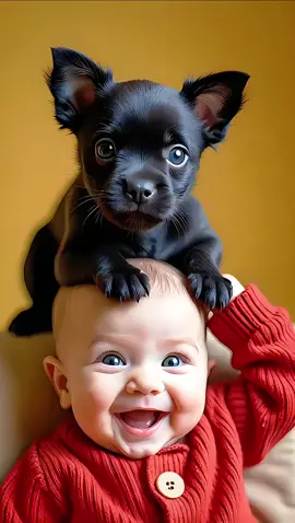 Happy cute baby. The puppy climbed onto the cute baby's head to play with him. The cute baby laughed happily. What a warm picture! 