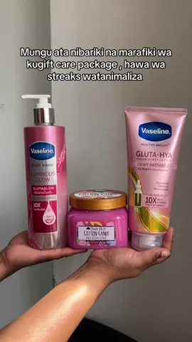 Get this care package for only 8,700/= . ☀️Vaseline Luminous Glow Glutaglow body wash  Features: GlutaGlow™, 10X Niacinamide, Glutathione, Hyaluronic Acid. Benefits: ✨ Hydrates, plumps, and enhances glow. Ksh.2,500 🍭 Tree Hut Cotton Candy Scrub: A sweet, candy-like exfoliator with a sugary scent reminiscent of cotton candy, leaving your skin soft and glowing. Perfect for those who love a playful fragrance. Ksh.3,200 🌸 Vaseline Gluta-Hya Dewy Radiance Vaseline Gluta-Hya Dewy Radiance is a skin lotion designed to hydrate and brighten your skin. Infused with Glutathione and Hyaluron, it provides intense moisture and helps achieve a dewy, glowing complexion. Ksh.3,000 📲Reach us on +254729980577 or DM 📍Iconic Business Plaza, Moi Avenue, Between Sawa Mall and Sasa Mall, Third Floor, Shop no T3.