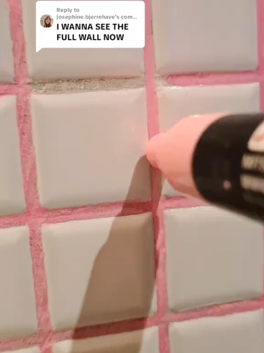 Replying to @josephine.bjerrehave definitely one of my best uses of free will 🙂 I love my new pink kitchen 🥰 #fyp #posca #tile #grout #pink #kitchen #DIY #cleaning 