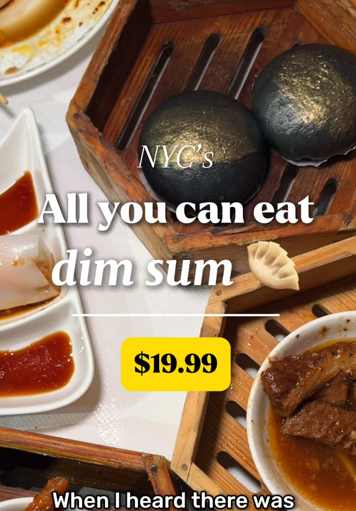 AYCE dim sum for $19.99?! Say no more 💁🏻‍♀️ Overall, I enjoyed my experience here - you get the same excitement you get with any AYCE, where the world is your oyster 🙊 Items I thought were solid include the shrimp, pork & chive dumplings, rice rolls (both the shrimp and roast pork), steamed spare ribs, custard buns, and chicken feet.  Things I would skip would be their durian crisp, crystal shrimp dumplings (skin was flimsy), and wonton soup - they just weren’t the best out there.  Also some notes on pricing 💰 - $19.99 is cash price (price is $21.99 with credit card) so definitely be prepared with cash if you want to save a lil bit (every dollar counts ☺️) - Price on weekends / holidays is higher ($23.99 cash and $25.99 credit card) which is all the more reason to try to go on a week day if possible  When I went, I paid holiday pricing in cash, and total came out to $55.50 after tax for 2 people (including $3 for tea)  I wouldn’t say it would necessarily be too much savings compared to ordering dim sum a la carte other restaurants (depending on how much you can eat 😛), but the AYCE component definitely adds that element of fun, and for that reason I’d definitely recommend trying it out ☺️ - especially if you can beat the lines by going at an off time or a weekday. 📍Dim Sum Garden,  13505 40th Rd, Flushing, NY 11354  Follow me for more NYC eats! 💛