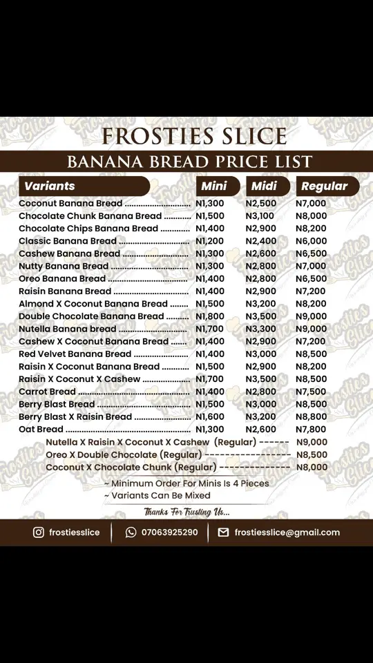 📌UPDATED PRICE LIST📌 Due to customers demand,we added a few number of variants for y’all to indulge🥰 All variants are available only on orders✅ We take orders till 9am in the morning for same day delivery🚚 Our breads are freshly baked daily with the finest and healthy ingredients. To order,kindly send a Dm or use the link in bio for a faster response  📍Festac town Lagos  ☎️07063925290 #bestbananabreadinlagos #bananabread 