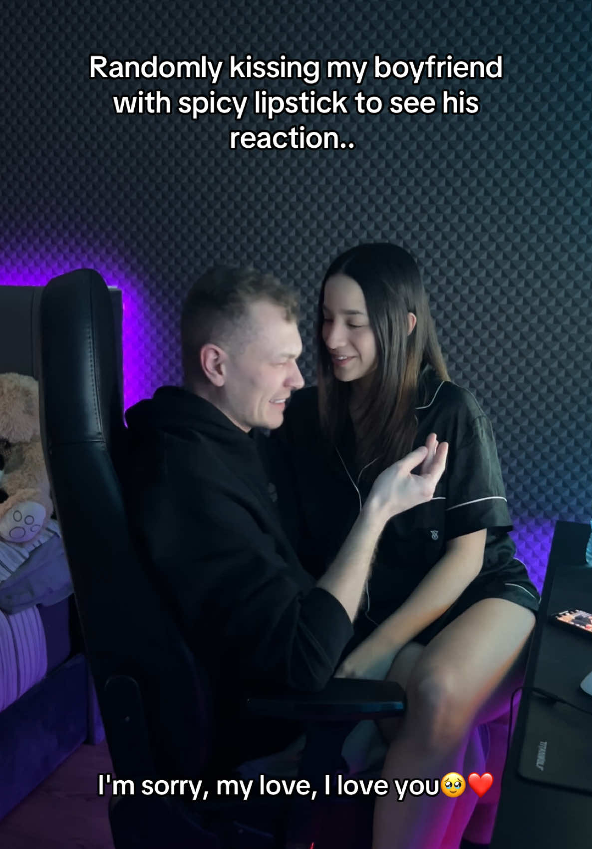 His reaction is super funny!! He was still complaining 1 hour later 🥹🤣 #boyfriend #Relationship #couple #kiss #fyp 