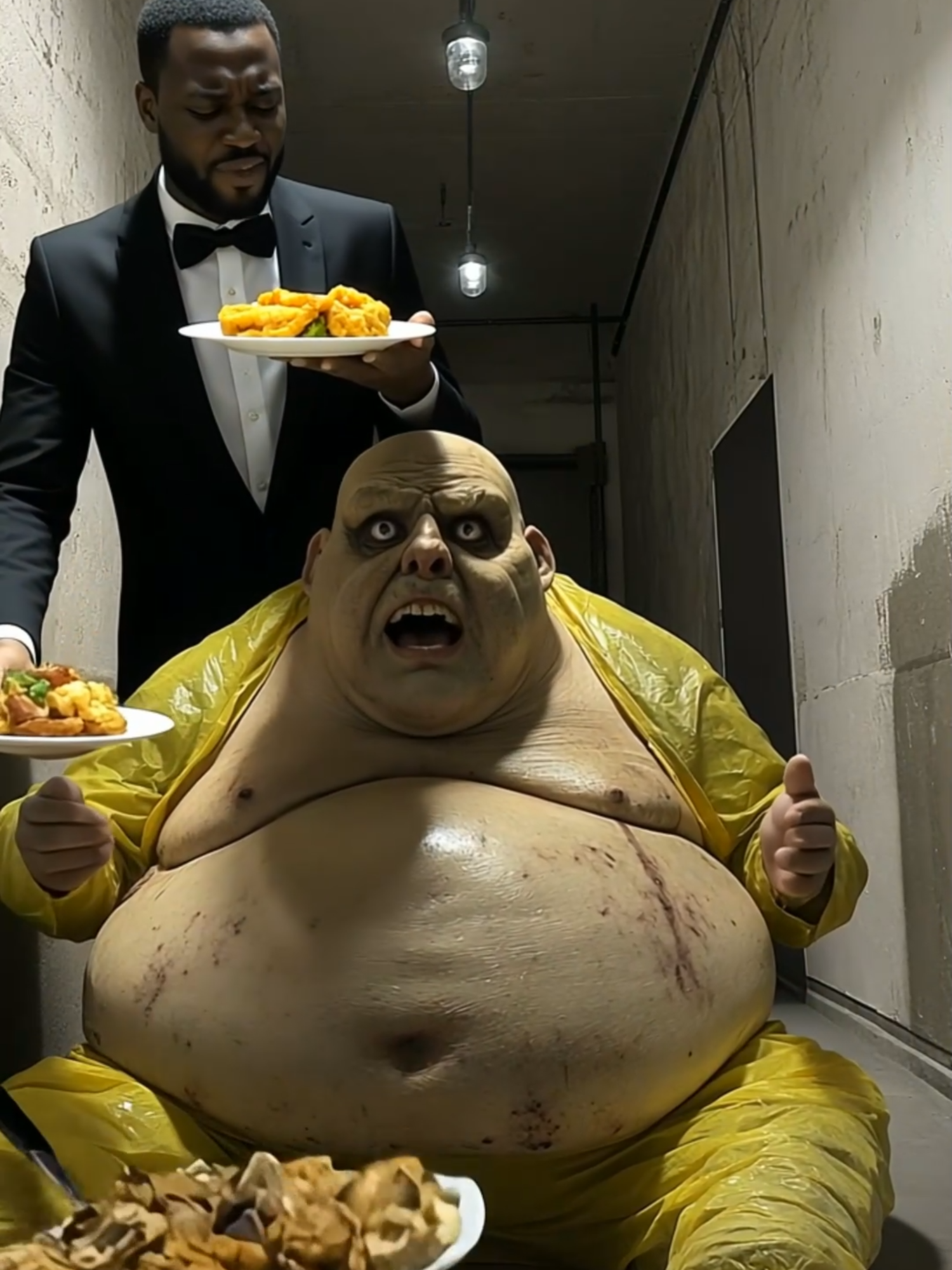 The Underground Feast: A Humanoid’s Hunger 🧑‍🍳🍽️ Deep in the sewers, an obese humanoid grumbles impatiently, demanding more food. His unsettling growls echo through the damp corridors as he waits for his next meal. Suddenly, a well-dressed server in a suit and tie appears, bringing a carefully prepared plate of food to appease the creature's appetite. What kind of arrangement is this? Why is such a refined server catering to this being in such a desolate place? The situation raises more questions than answers. One thing is clear—the humanoid is not to be kept waiting. #Humanoid #Obese #Sewer