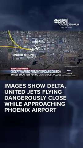 Stunning images show the moment two passenger #planes, a Delta and a United #jet, nearly collide midair at 275 mph while approaching the #Phoenix #airport. An onboard anti-collision system in the cockpit prevented the collision. Gio Benitez has the latest. #WorldNewsTonight #News