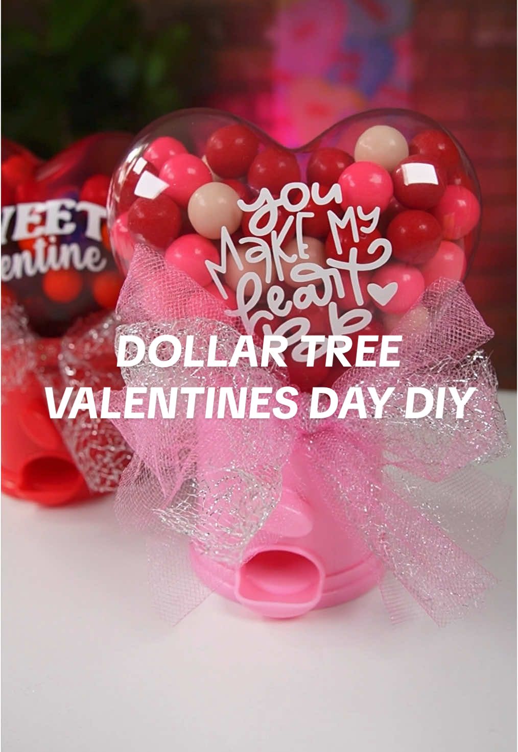 Who has spotted these mini candy dispensers at Dollar Tree Valentine’s section? 💕 You can make them extra cute by personalizing them using adhesive vinyl and a little bit of tulle 🥰 #dollartree #ValentinesDay #valentinesdiy #sanvalentin #DIY #cricutmade