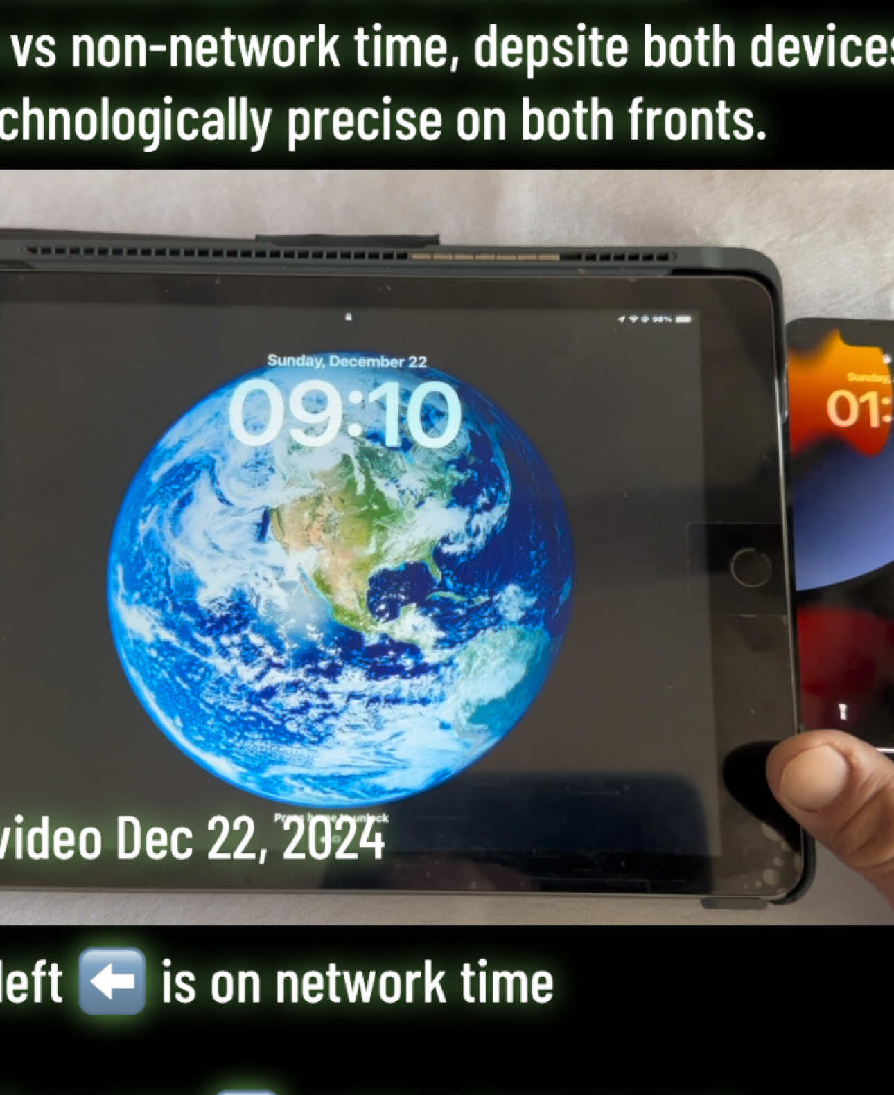 This experiment started in mid-Nov 2023 when I decided to just keep this now older iPhone 12 on Airplane Mode while maintaining full charge without ever turning it back onto the network.... Until Dec 22, 2024.... This video demonstrates a huge time gap between what we trust our lives with, a.k.a. network clock, vs. an internal offline clock like back in the days preceding the internet.  A considerable time delta between network & non-network time is quite clear depsite both devices being quite technologically precise on both fronts.  Some food for thought.  What is the actual 