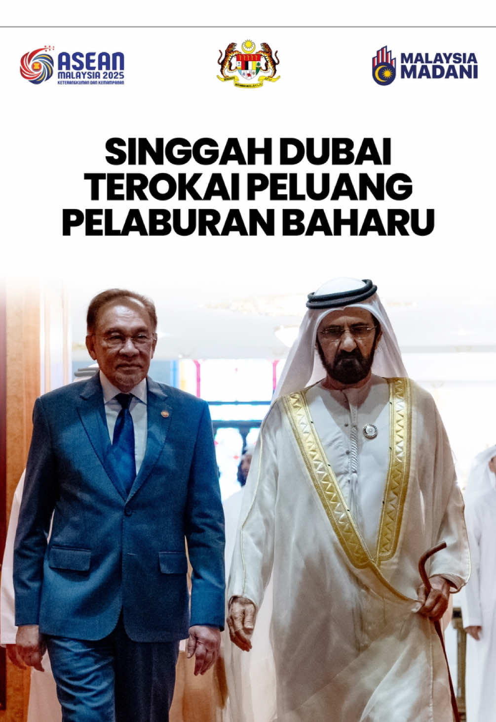 Lawatan kerja ke Emiriah Arab Bersatu (UAE) ini sungguh bermakna dengan pertemuan bersama Naib Presiden dan Perdana Menteri, Sheikh Mohammed Rashid Al Maktoum yang juga pemerintah Dubai. Sekalung penghargaan setinggi-tingginya di atas jemputan bagi menghadiri Minggu Kelestarian Abu Dhabi (ADSW) sekaligus membuka seluas-luasnya ruang kerjasama selain memperbaharui tekad pelaburan sedia ada sebelum ini. #MalaysiaMADANI #MADANIBekerja 