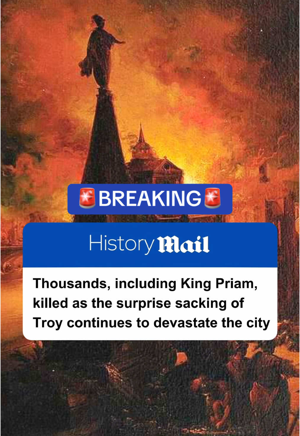 Chaos reigns in Troy as the city falls to a surprise sacking by Greek forces, leaving thousands dead, including King Priam himself. Once celebrated as an impenetrable stronghold, Troy is now engulfed in flames, its defenders overwhelmed by the relentless Greek assault. Eyewitnesses describe scenes of devastation, marking a grim end to the years-long conflict. #historymail #news #troyhorse #trojans #greeks 