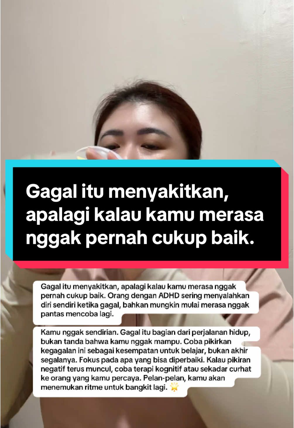 Gagal itu menyakitkan, apalagi kalau kamu merasa nggak pernah cukup baik. Orang dengan ADHD sering menyalahkan diri sendiri ketika gagal, bahkan mungkin mulai merasa nggak pantas mencoba lagi. Kamu nggak sendirian. Gagal itu bagian dari perjalanan hidup, bukan tanda bahwa kamu nggak mampu. Coba pikirkan kegagalan ini sebagai kesempatan untuk belajar, bukan akhir segalanya. Fokus pada apa yang bisa diperbaiki. Kalau pikiran negatif terus muncul, coba terapi kognitif atau sekadar curhat ke orang yang kamu percaya. Pelan-pelan, kamu akan menemukan ritme untuk bangkit lagi. 🌟 #sharingistriadhd #adhdlife 