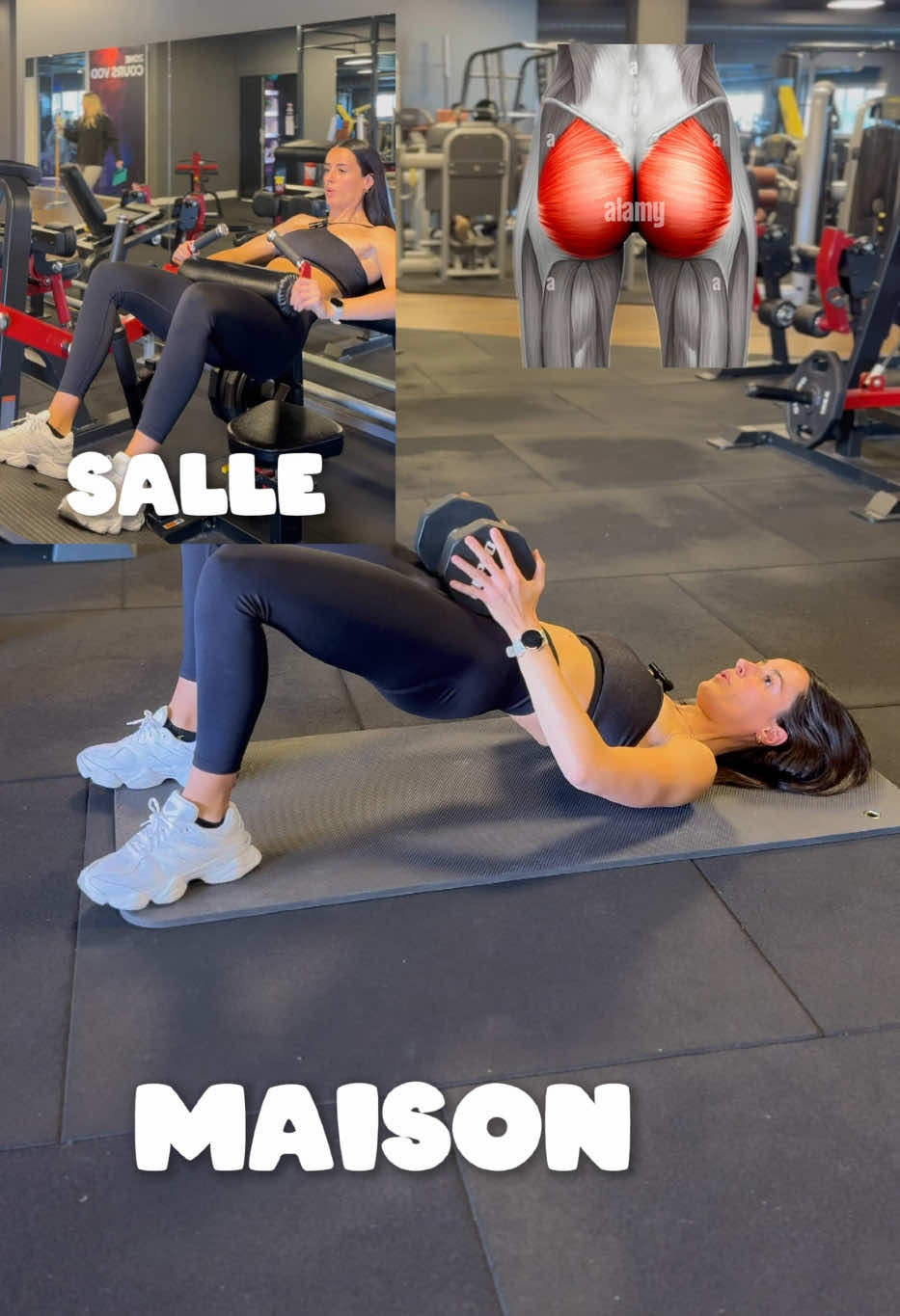 Salle VS maison focus bas du corps 🔥🍑 Je te recommande au fur et à mesure de tes séances d’augmenter la résistance de tes élastiques ou ta charge continuer à progresser ! Surcharge progressive + échec musculaire = plus de résultats 🚀  ✨ Si tu veux un programme 100% personnalisé pour perdre du poids & te muscler envoie-moi « FIT » en DM sur Insta. 🌻 Marine TA COACH SPORTIVE  #homeworkout #musculationfemme #elasticband #musculationfrance #salledesport #coachsportif 