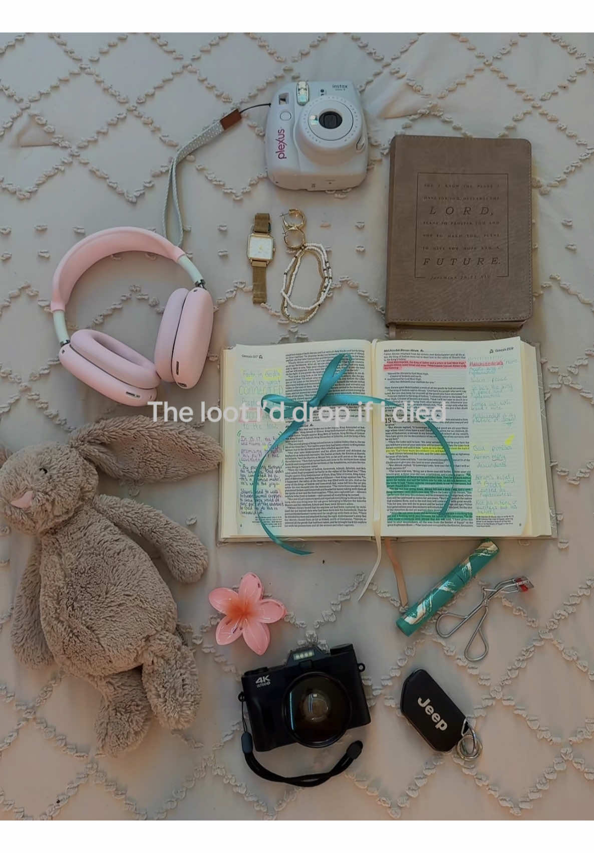 This might be my favorite trend ever.🥹🩷☀️ #loot #lootdrop #thelootiddropifyoukilledmeinagame #personal #musthaves #favoritethings #favorite #myfavorite #bible #camera #christian #wordofGod #jellycat #bow #coquette #mascara #thrivemascara #clawclip #headphones #airpods #polaroid #watch #goldwatch #jewelry #goldjewelry #bunny #stuffedanimal #thingsthatmakemehappy #Jesus #God #Jesusisking #walkbyfaith #walkbyfaithnotbysight #trustGod #faith #firmfoundation #myloot #aesthetic #beachvibes #Holyvibes #Godvibes 