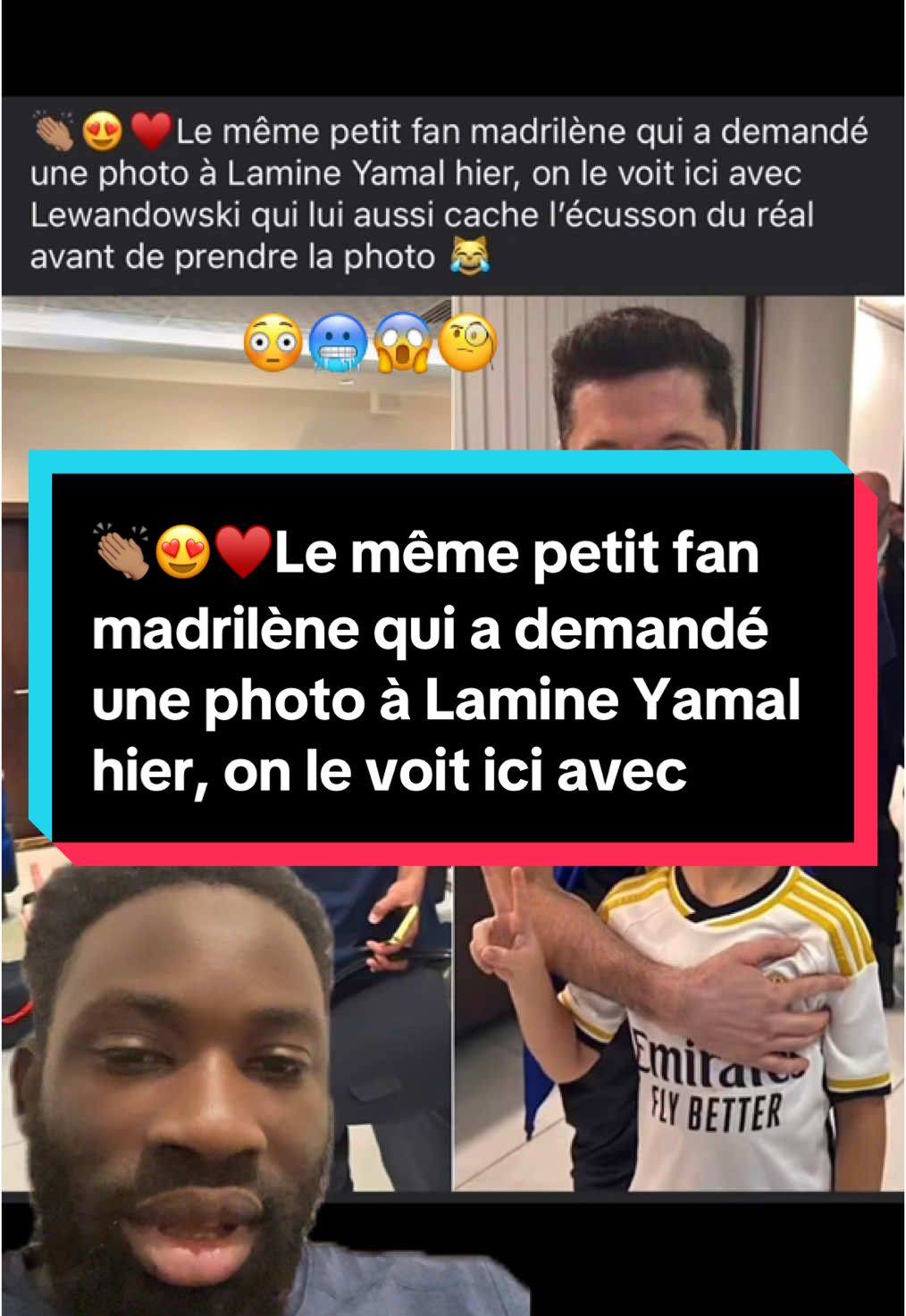 👏🏽😍♥️Le même petit fan madrilène qui a demandé une photo à Lamine Yamal hier, on le voit ici avec Lewandowski qui lui aussi cache l’écusson du réal avant de prendre la photo 😹