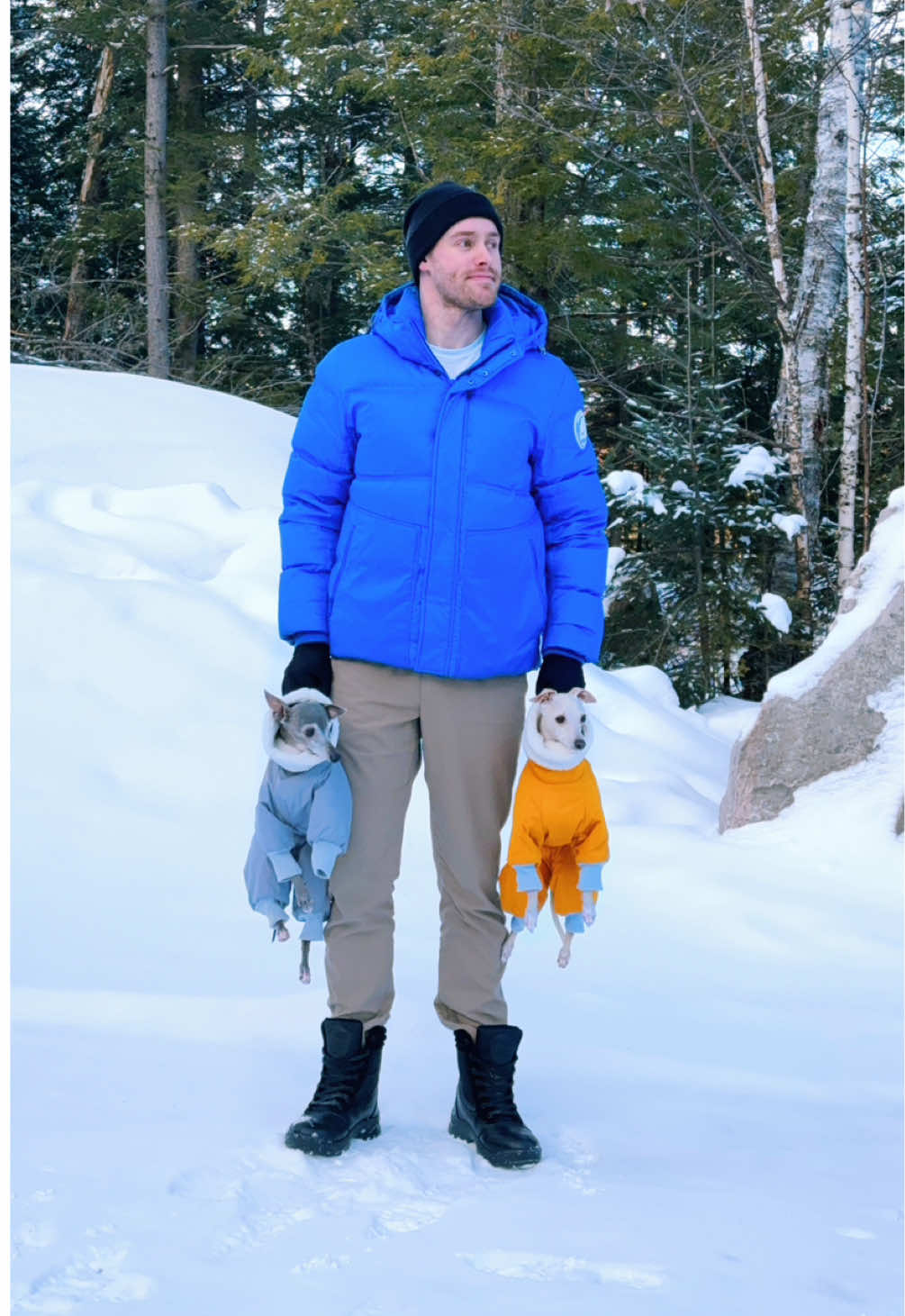 “When your dogs take the ‘snow is lava’ game too seriously.” No booties, no walkies! Sometimes, we don't want to wear our boots, which means second favourite dad must carry us back to the chalet. 