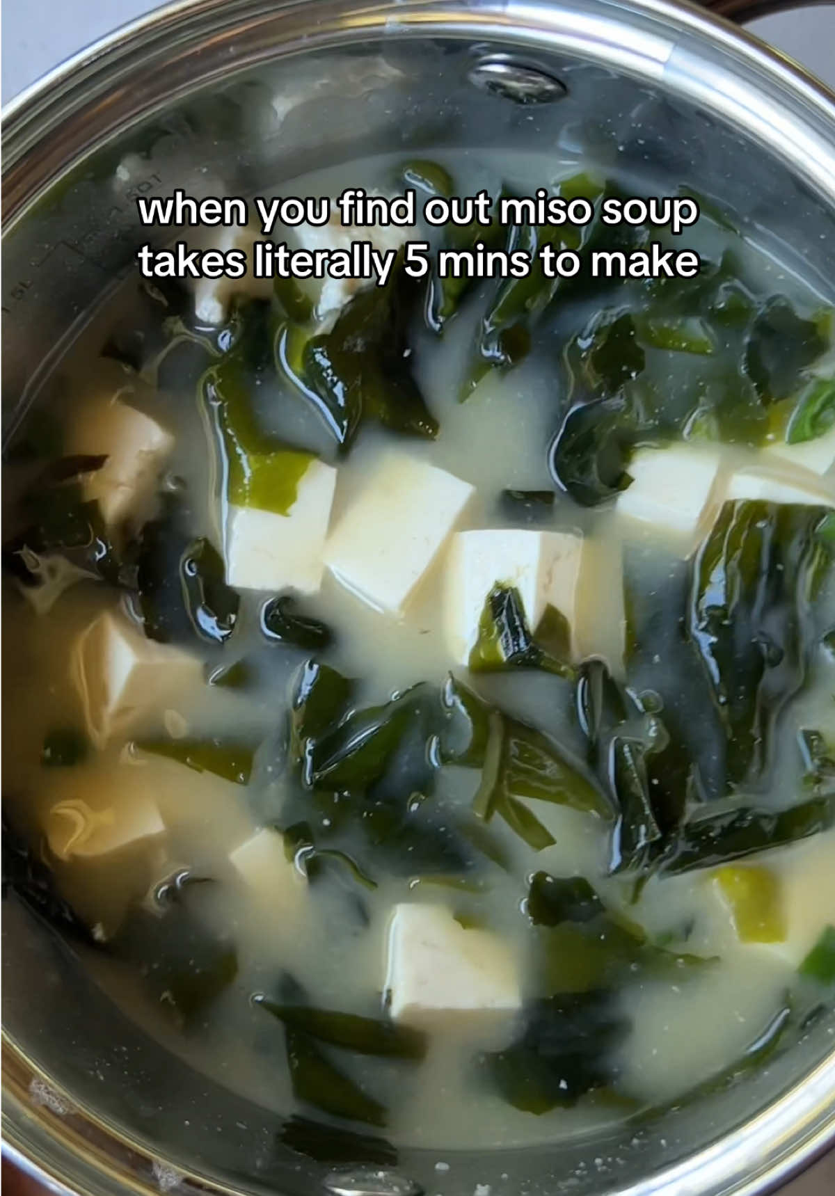 It’s too easy 🍜🙂‍↕️ In a pot add 2 cups of veggie or bone broth.  Stir in green onions and let simmer for five minutes. Lower heat and add 2 tbsp miso paste. Add in tofu and seaweed. Enjoy! #EasyRecipe #foodasmr #healthyrecipes #healthyeating 