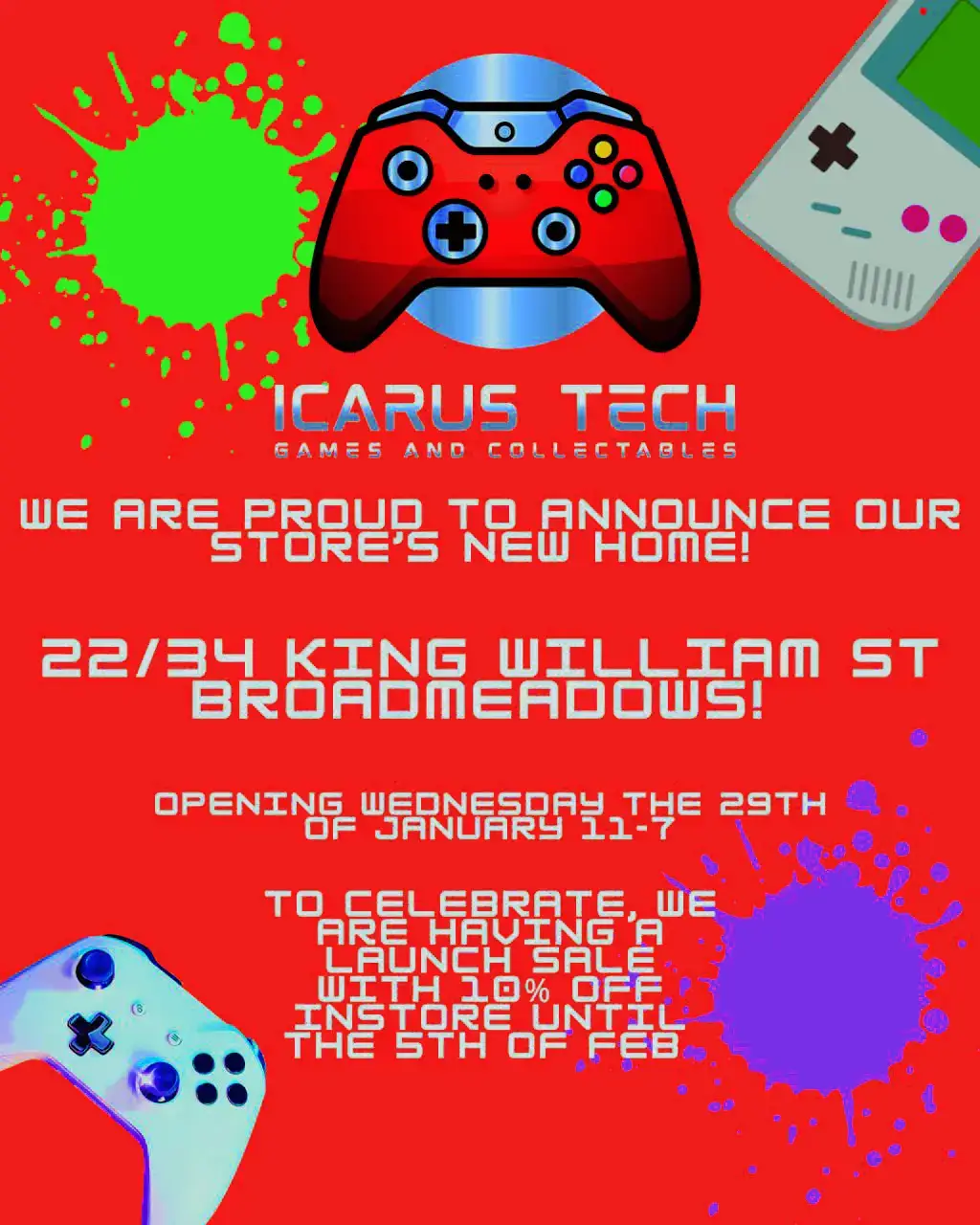 Icarus Tech Games and Collectables is proud to be opening their first official store! Unit 22 of 34 King William Street Broadmeadows! Come on down and grab a killer bargain! #SmallBusiness  #GameLovers #LevelUpYourGame #MelbourneGamingScene #GamingAustralia #TikTokGamers #Icarustechgamesandcollecatbles #retrogaming #Gaymer #melbourne 