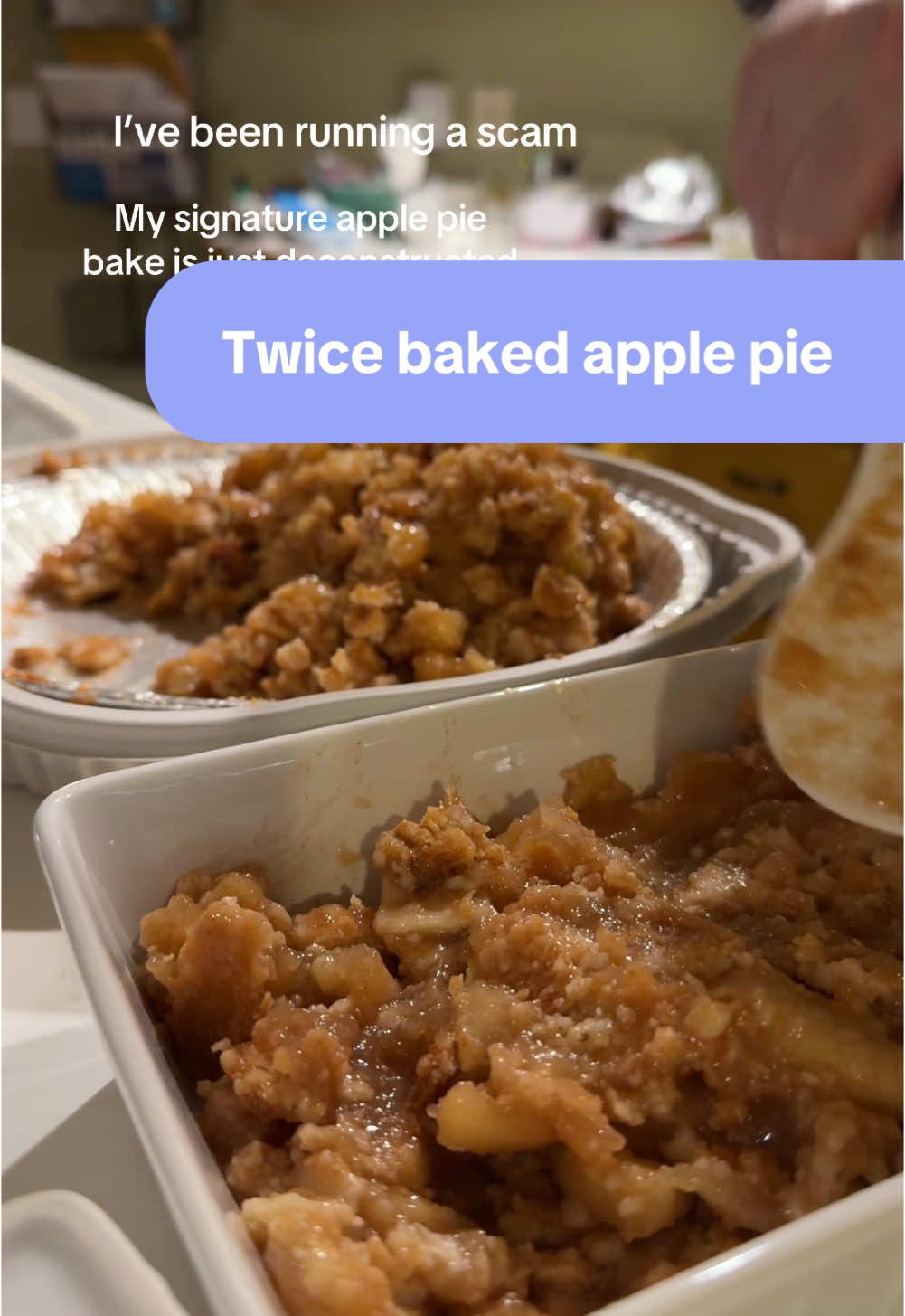 The truth is out. My signature Apple pie bake is actually just a deconstructed Costco apple pie. All you have to do is buy a pie. Smoosh it up. Put it into a casserole dish. Bake it to reheat, and add a crumble topping. It truly could not be any easier, and everyone will think you are so good at baking. ##costcobakery##applepie##viralrecipe##EasyRecipe##fyp##twicebakedpie##applecrumble