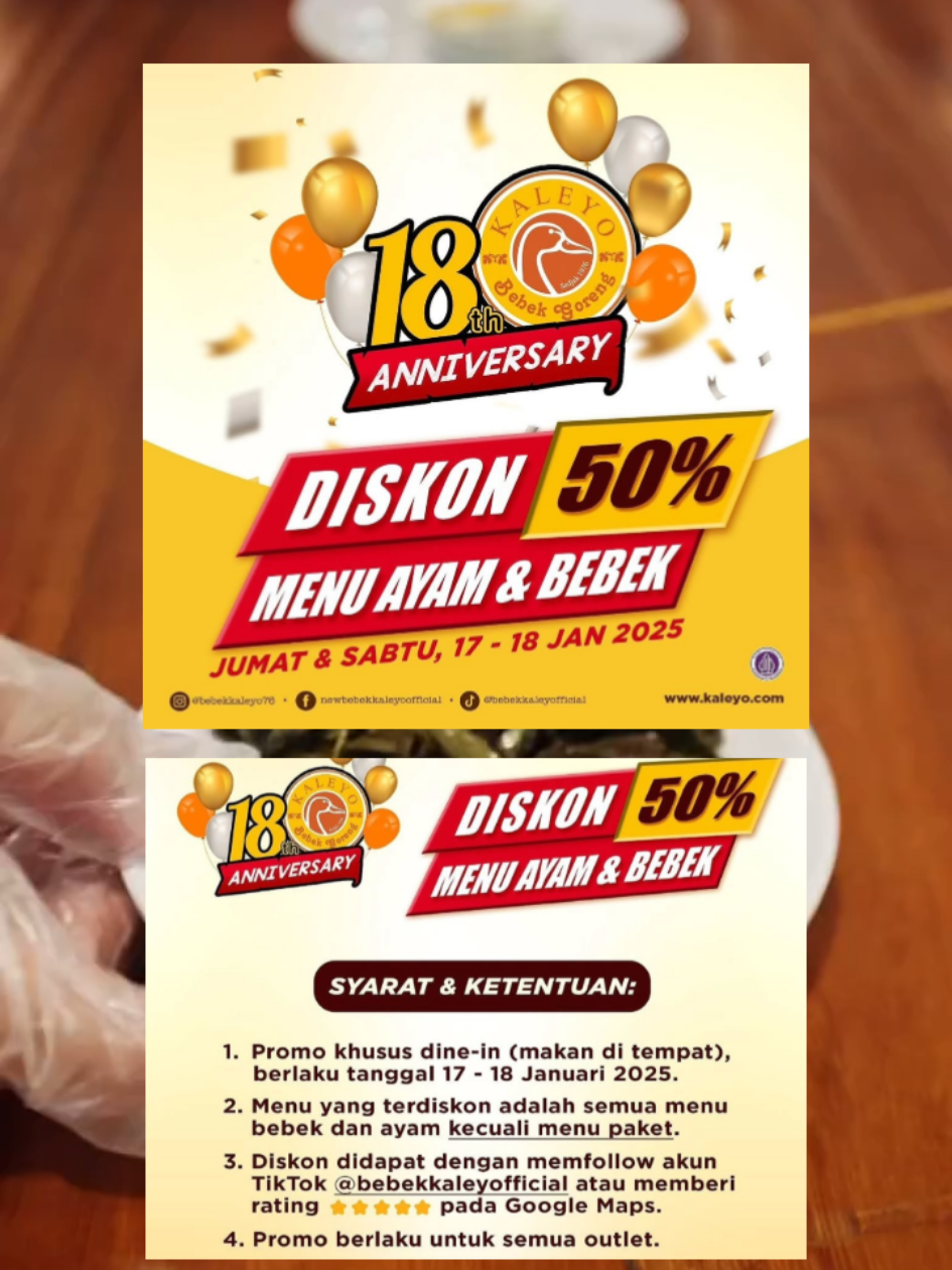 Diskon 50% Bebek Kaleyo 🤩🥳 tgl 17-18 Jan 25✨ gas ajak temen sekantor 🥳🥳🫵🏻 #promomakanjanuari #promomakanmurah #promoterupdate #diskonterupdate #promodiskon #diskonpromo #promkbebekkaleyo #bebekkaleyo 