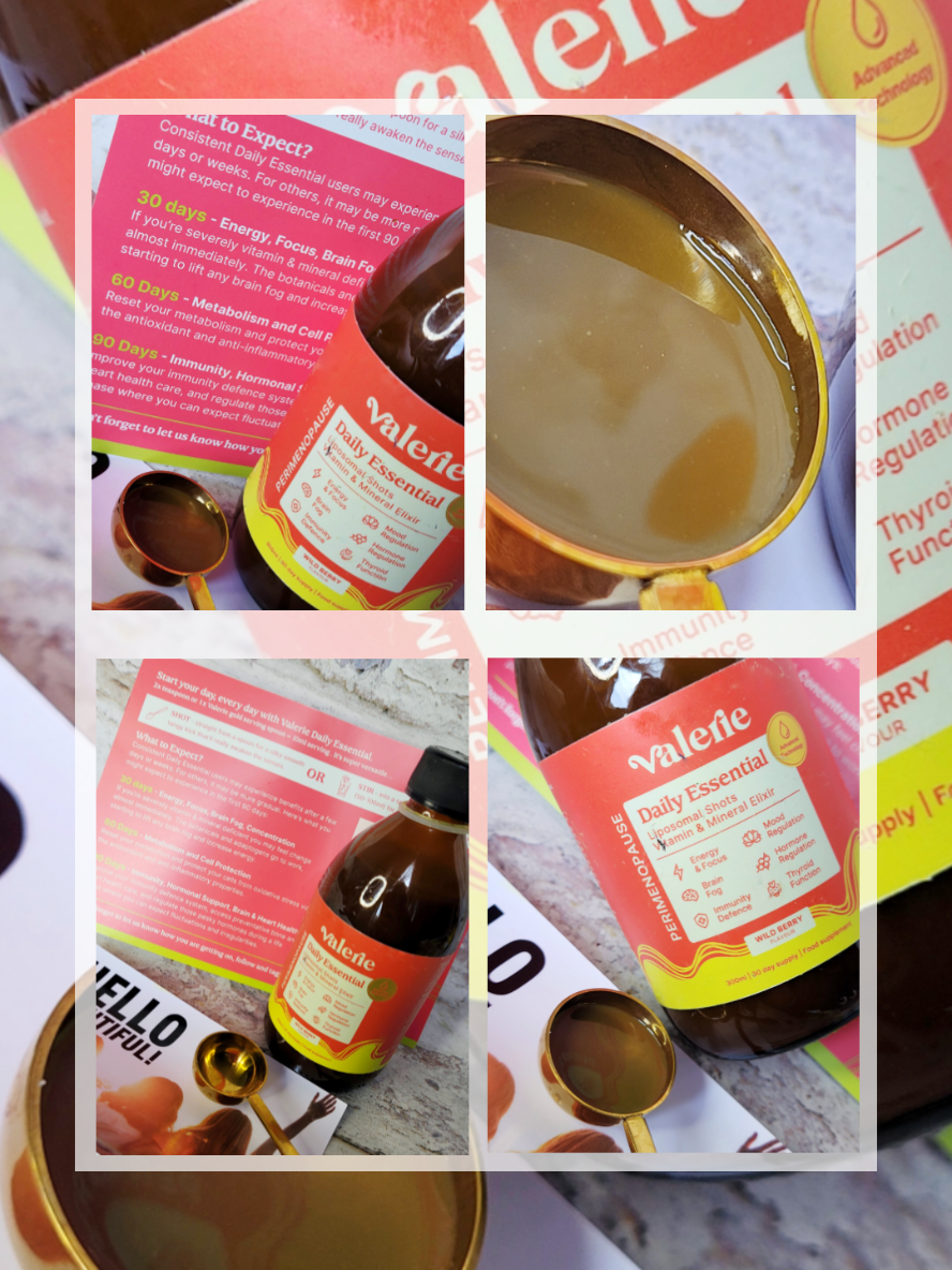 I've been sent this to try from Beautybuddy  Valerie  Perimenopause Daily Essentials  Lipsome shots vitamin & mineral elixir  Benefits :  Helps energy & focus,  Brain fog, Immune defence, Mood regulations, Hormone regulations, Thyroid function, I used it neat straight from the spoon as it's quicker than mixing it with water. It's quite a strong wild berry taste, but easy enough to take.  As with any vitamin products it takes time to notice a difference however even within the first few weeks, I have certainly had more energy and concentration than normal.  Sorry i am supposed to make a video of this however the bottle came really marked so I had to edit it and touch it up a bit. @BeautyBuddy @Valerie  #Valerie  #beautybuddysquad  #perimenopause  #wearevalerie #womenshealth  #vitamins  #Gifted 