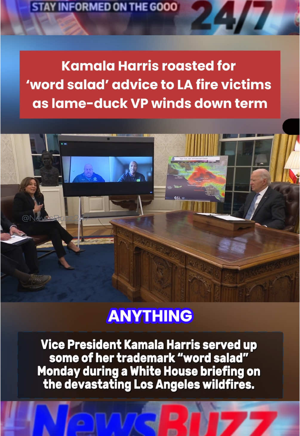 Vice President Kamala Harris served up some of her trademark “word salad” Monday during a White House briefing on the devastating Los Angeles wildfires.  Harris, 60, urged Southern California residents displaced by widespread evacuation orders to remain patient as first responders work to ensure neighborhoods are safe to re-enter.  However, several X users noted that it took the vice president far more words than necessary to express her point. “It’s critically important that, to the extent you can find anything that gives you an ability to be patient in this extremely dangerous and unprecedented crisis, that you do,” Harris said in her wordy message to Californians eager to get back home.  #california #kamalaharris #biden #trump #wildfire #lawildfire #losangeles #wild #fire #fy #fyf #foryoula #democrat 