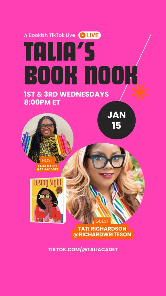 Join me and the wonderful Talia Cadet for Talia’s Book Nook!! We are gonna have a good time talking about Losing Sight, The Secrets Series, and more! 8 pm Live! ! #BookTok #blackbooktok #spicybooktok #BlackTikTok #blackauthors #blackromance I#romancebooks #fyp 