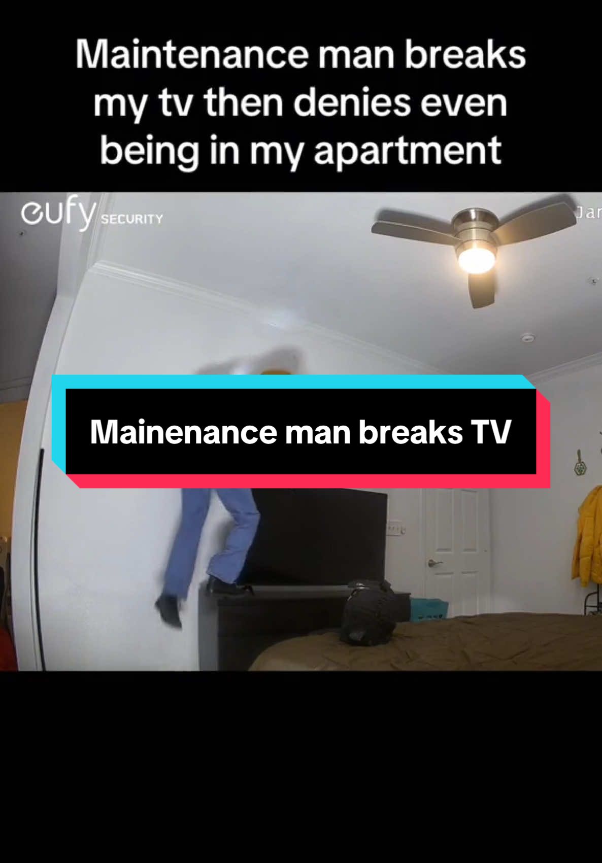 What did I just witness…🫢 #fy #fyp #securitycamera #caughtoncamera #homesecurity #tv #accident #maintenance #fail #break 